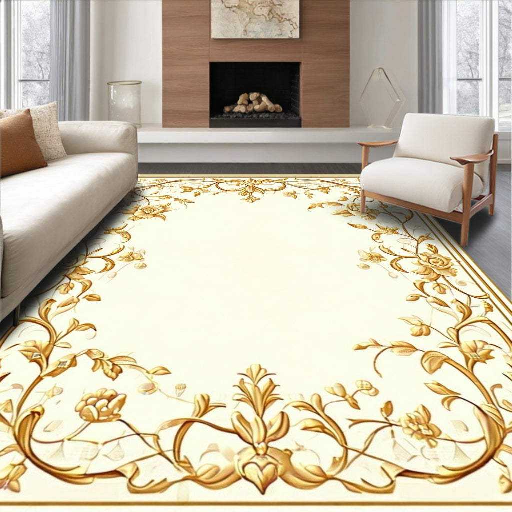 Golden Floral Vine Scroll Pattern Rug