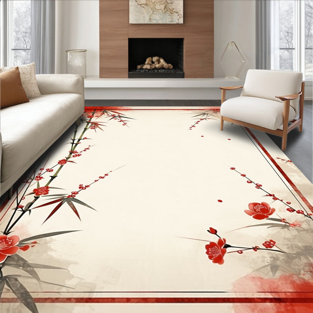 Red Bamboo Blossoms Traditional Rug