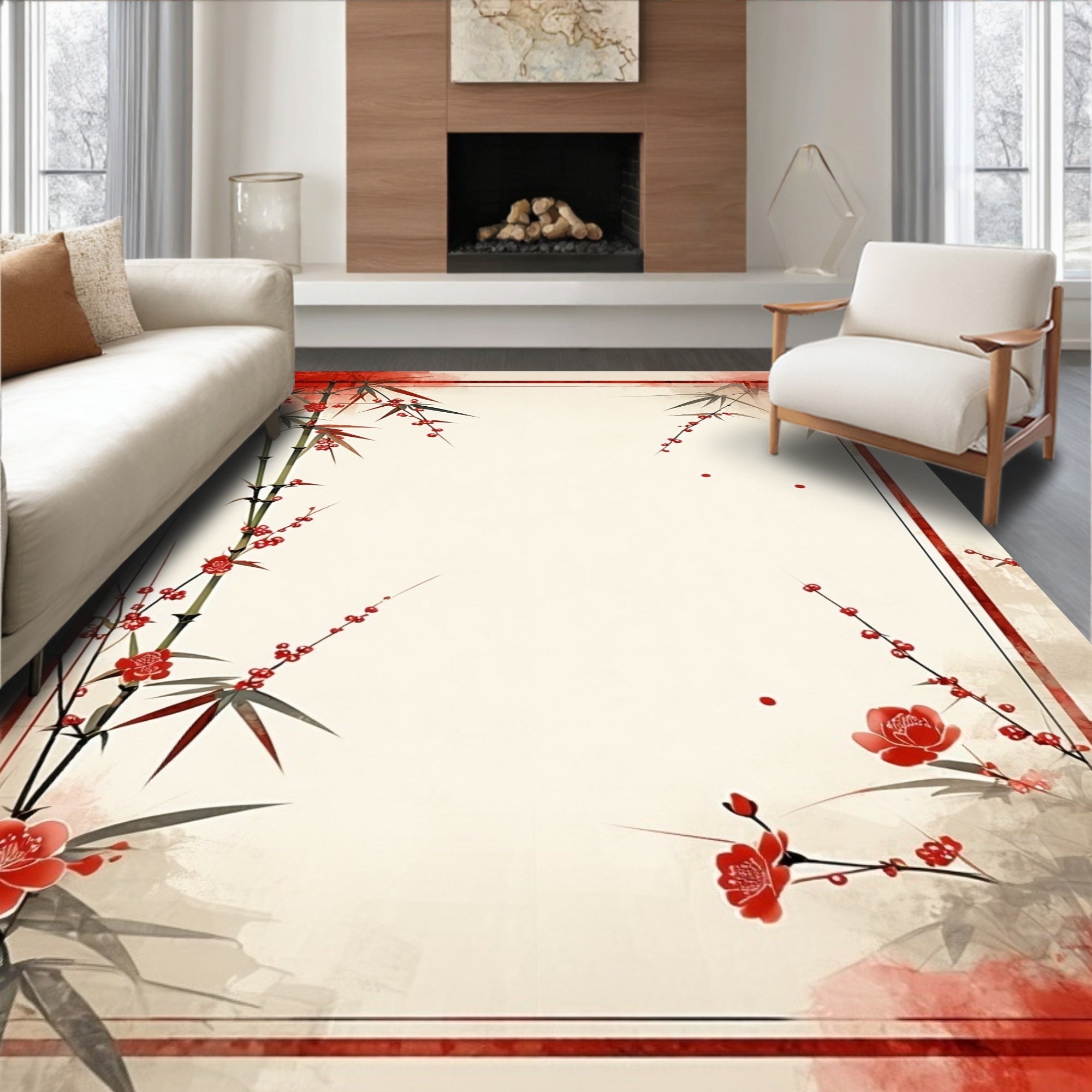 Red Bamboo Blossoms Traditional Rug