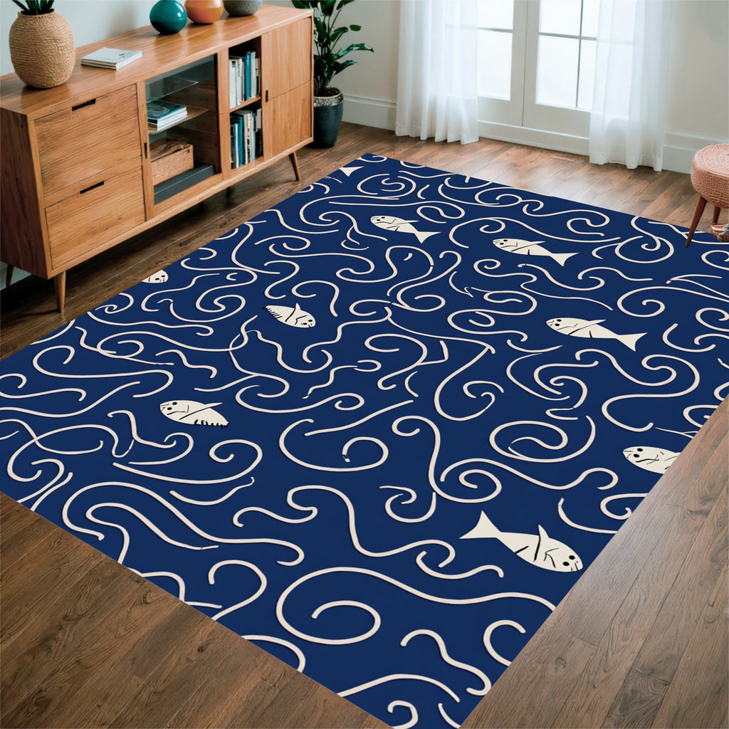 Whimsical Fish Swirling Currents Pattern Rug