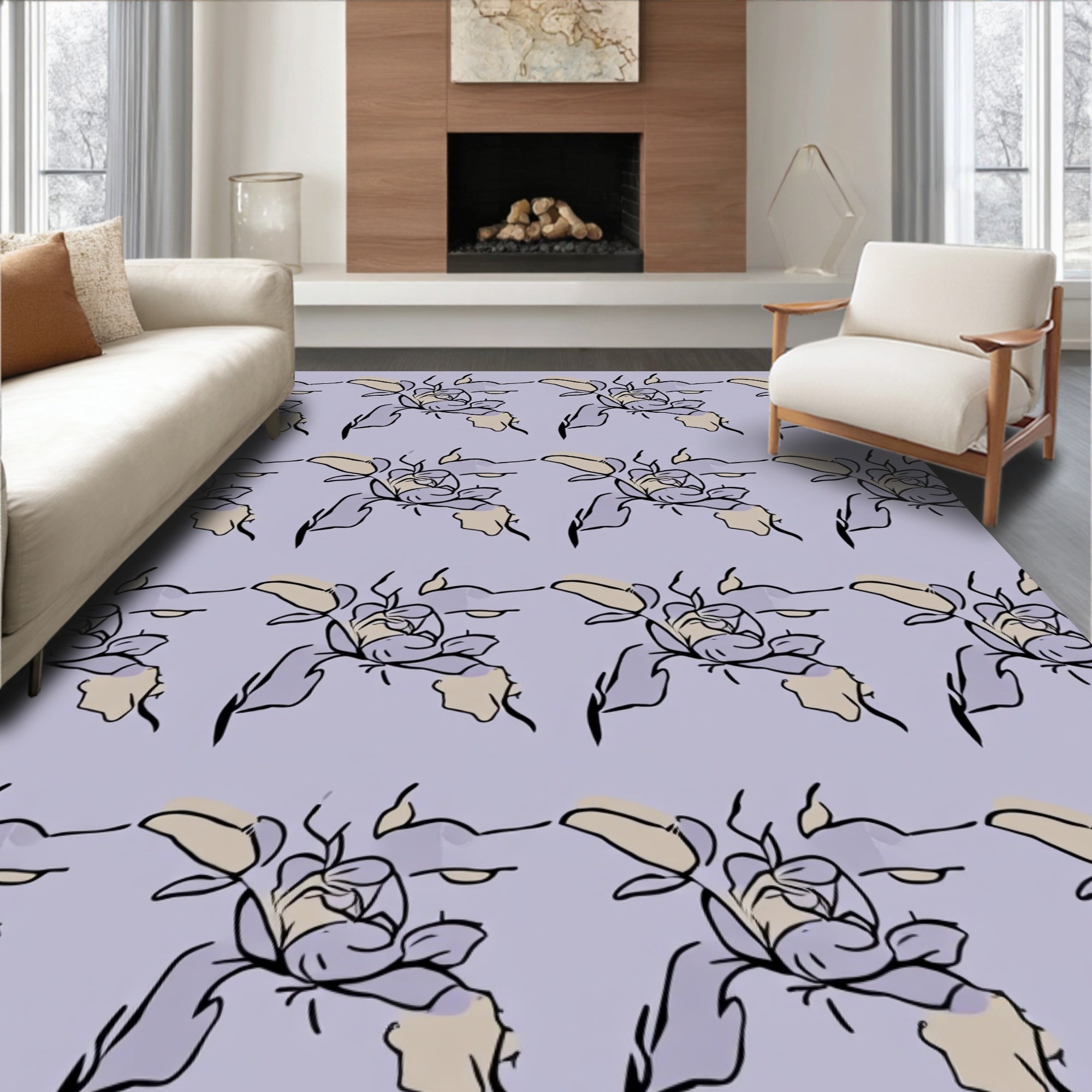 Floral Sketch Patterned Light Lavender Rug