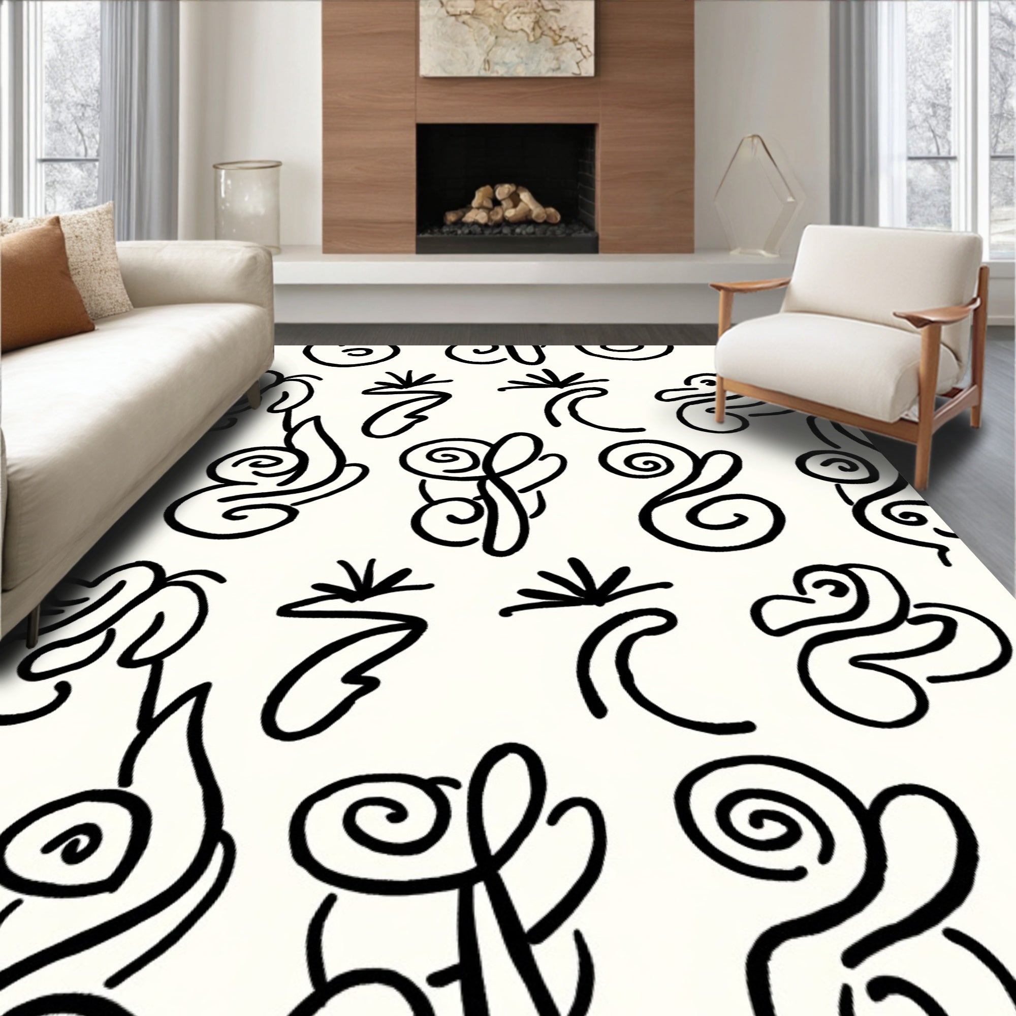 Black White Abstract Swirl Pattern Rug