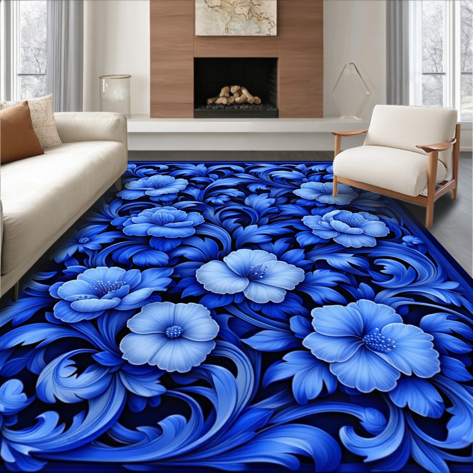 Royal Blue Floral Scroll Pattern Rug
