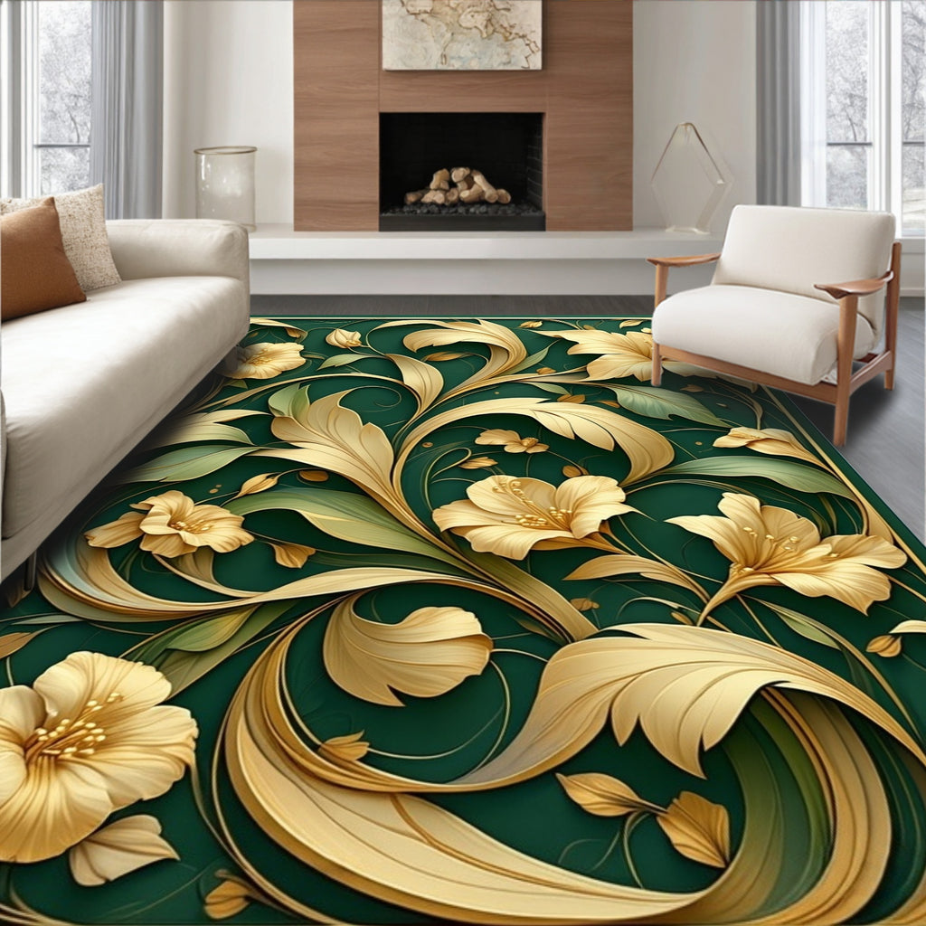 Elegant Golden Floral Swirls Rug