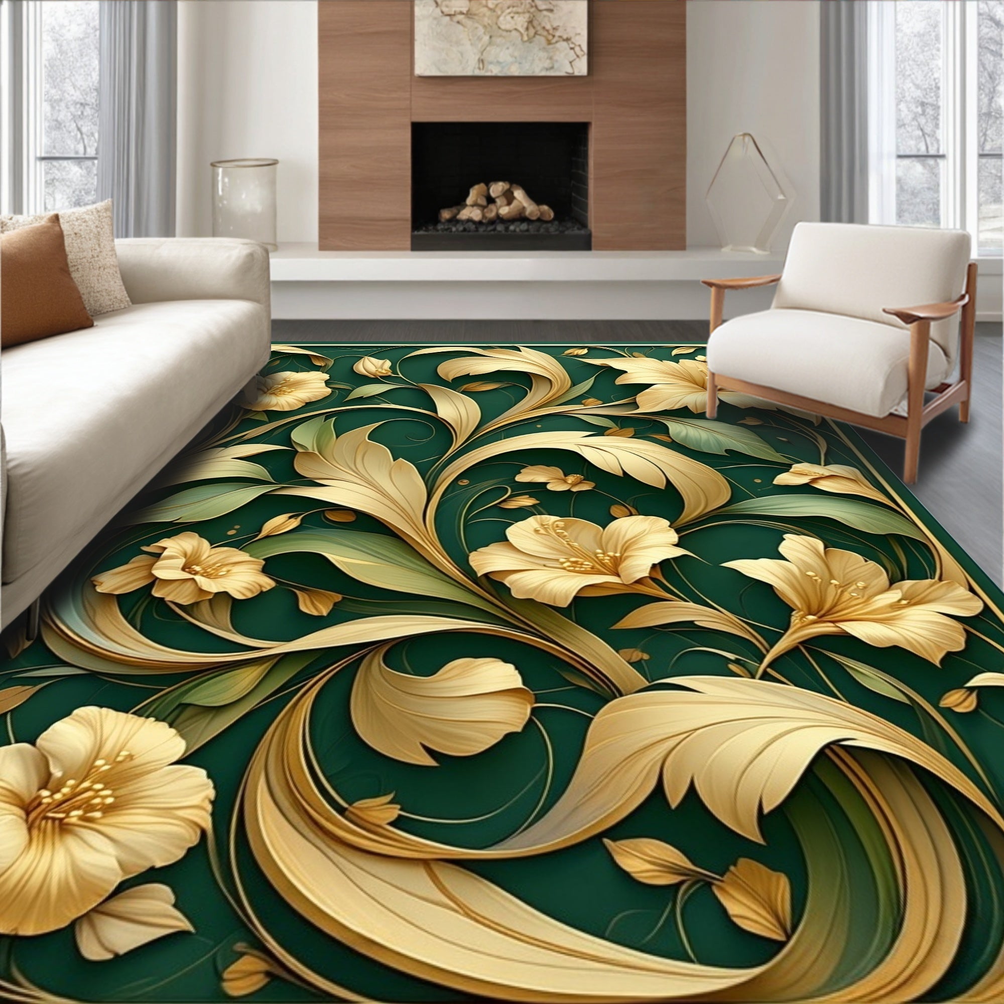 Elegant Golden Floral Swirls Rug