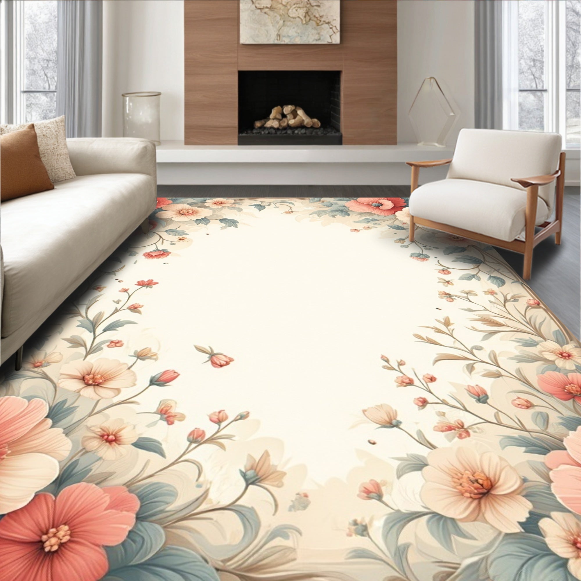 Vintage Floral Garden Botanical Print Rug