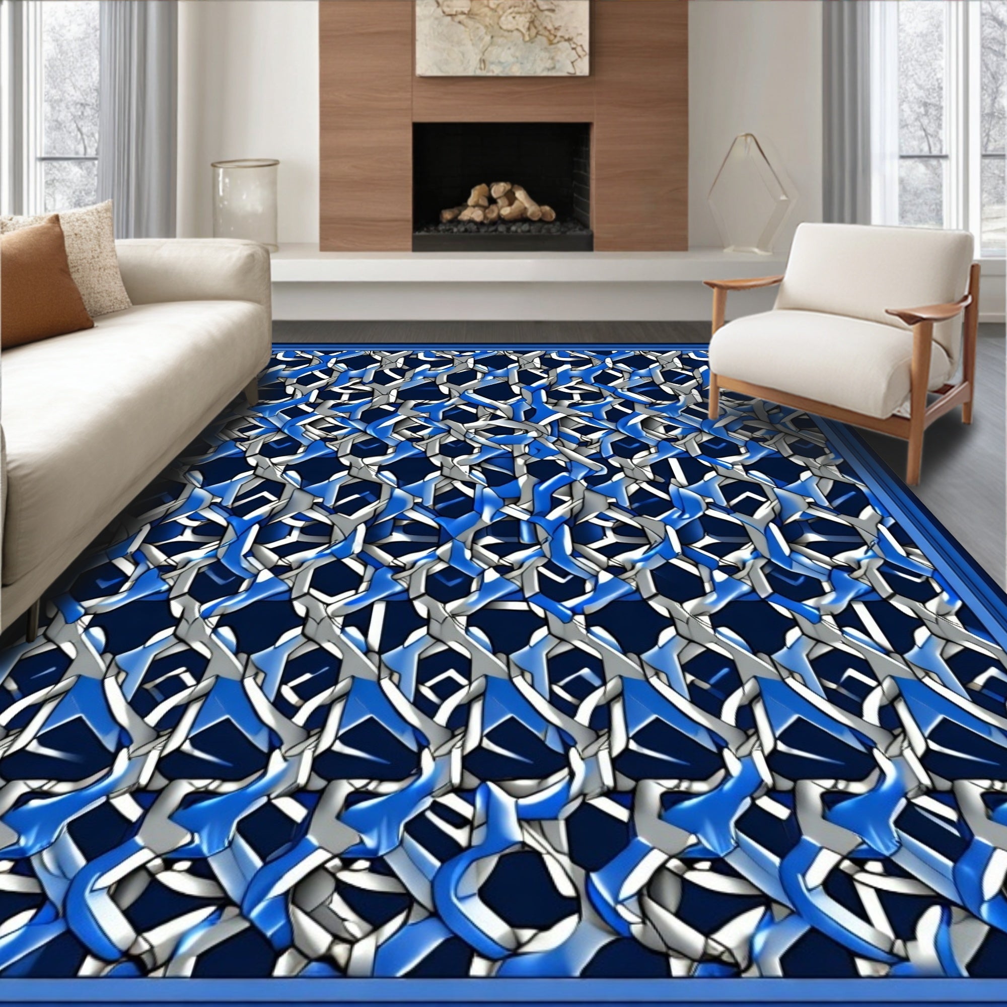 Abstract Blue 3D Geometric Pattern Rug