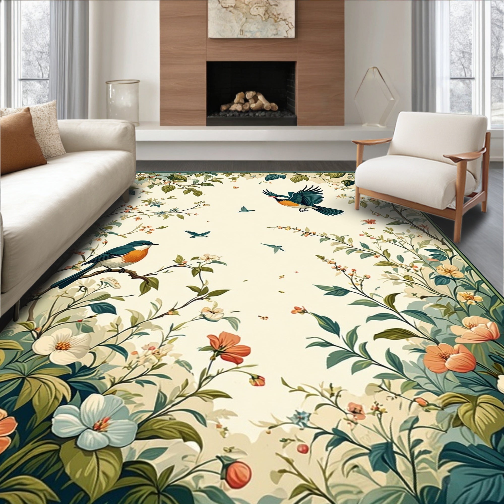 Whimsical Birds Botanical Garden Design Rug