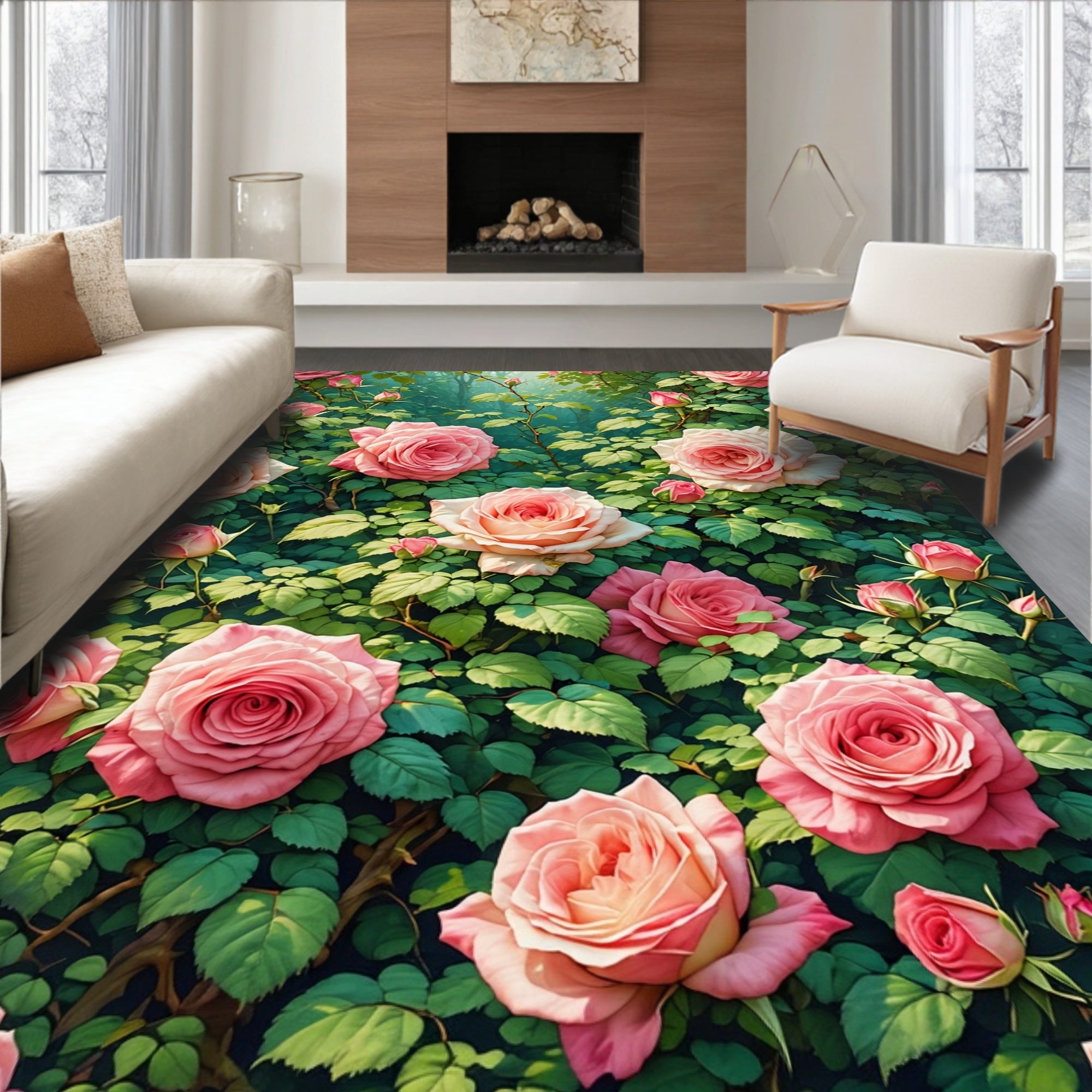 Pink Rose Bush Garden Design Rug