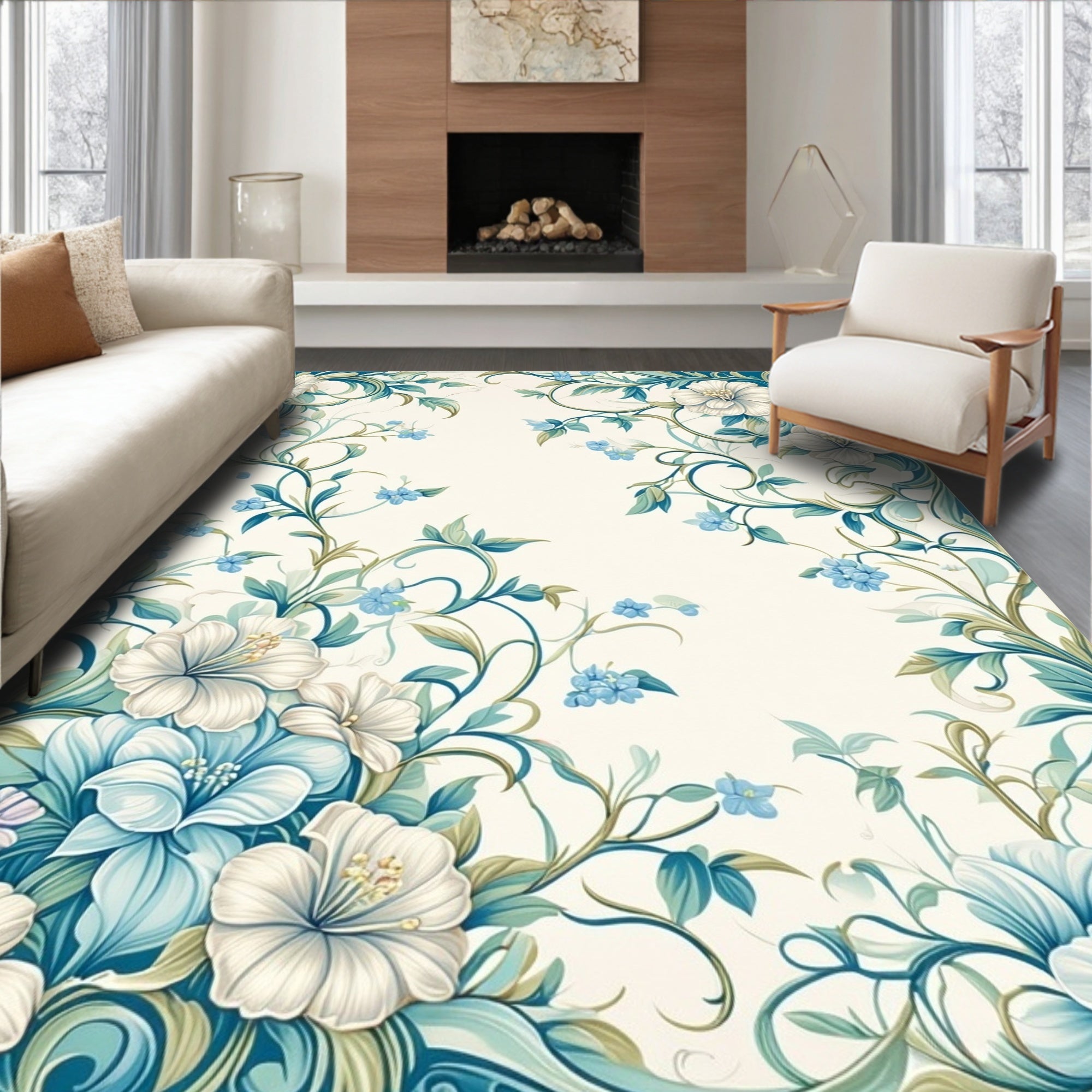 Elegant Teal Floral Vine Pattern Rug