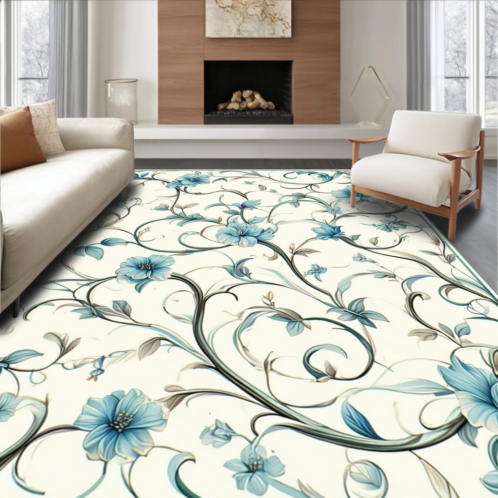 Elegant Blue Floral Vine Pattern Rug