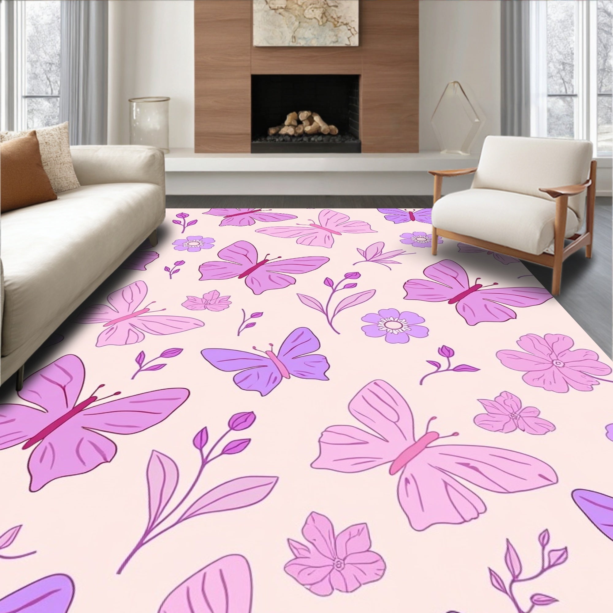Whimsical Butterfly Floral Pattern Rug