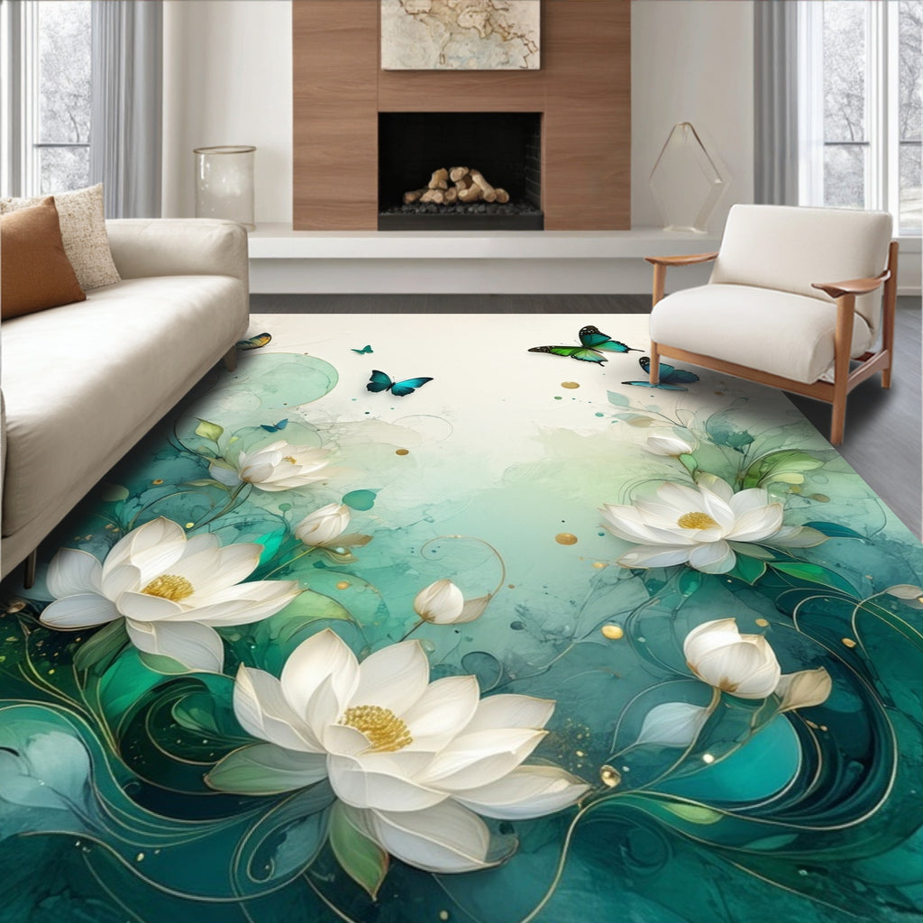 Whimsical Water Lily Butterfly Design Rug
