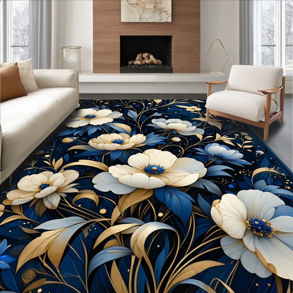 Elegant Floral Cobalt Gold Pattern Rug