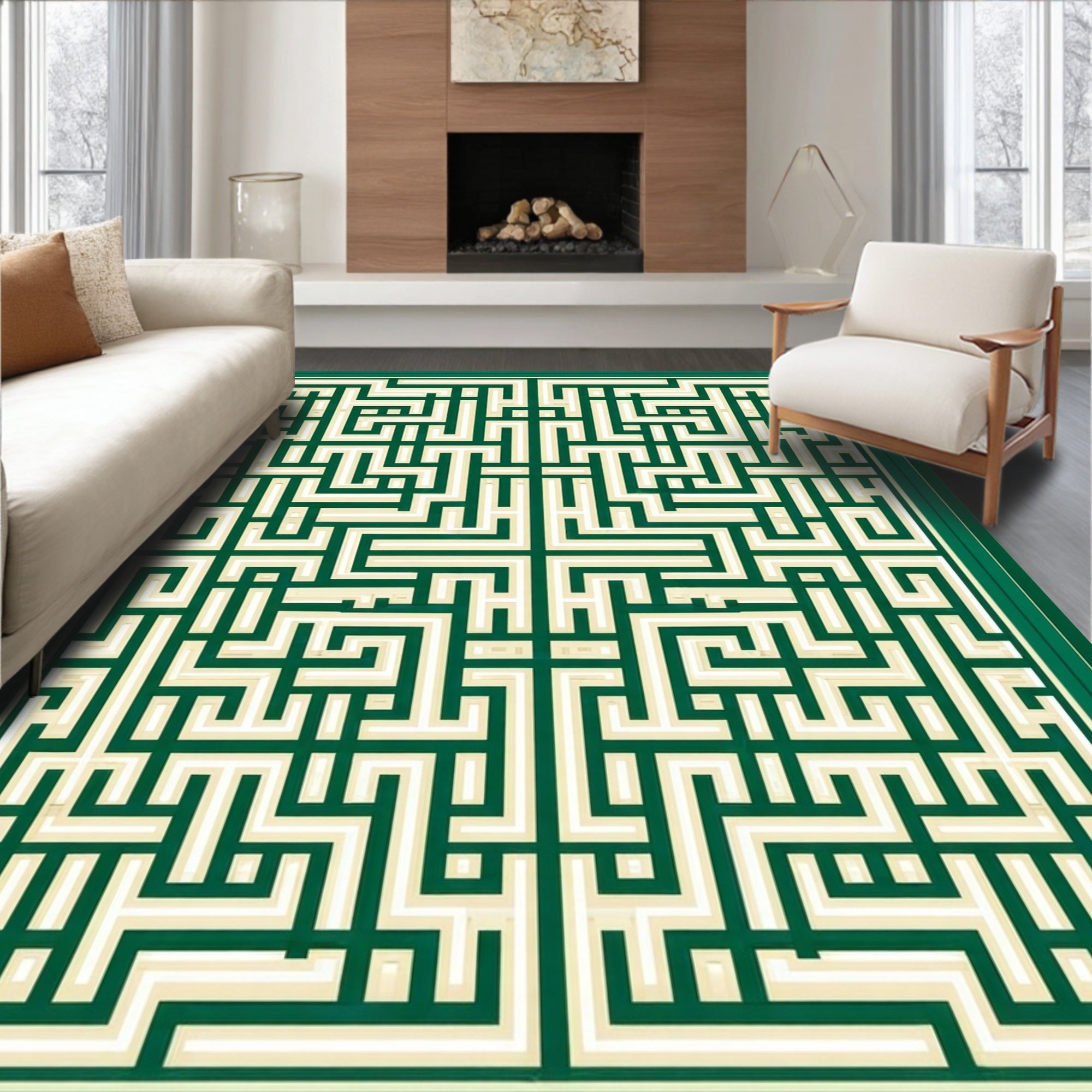 Intricate Green Geometric Maze Design Rug