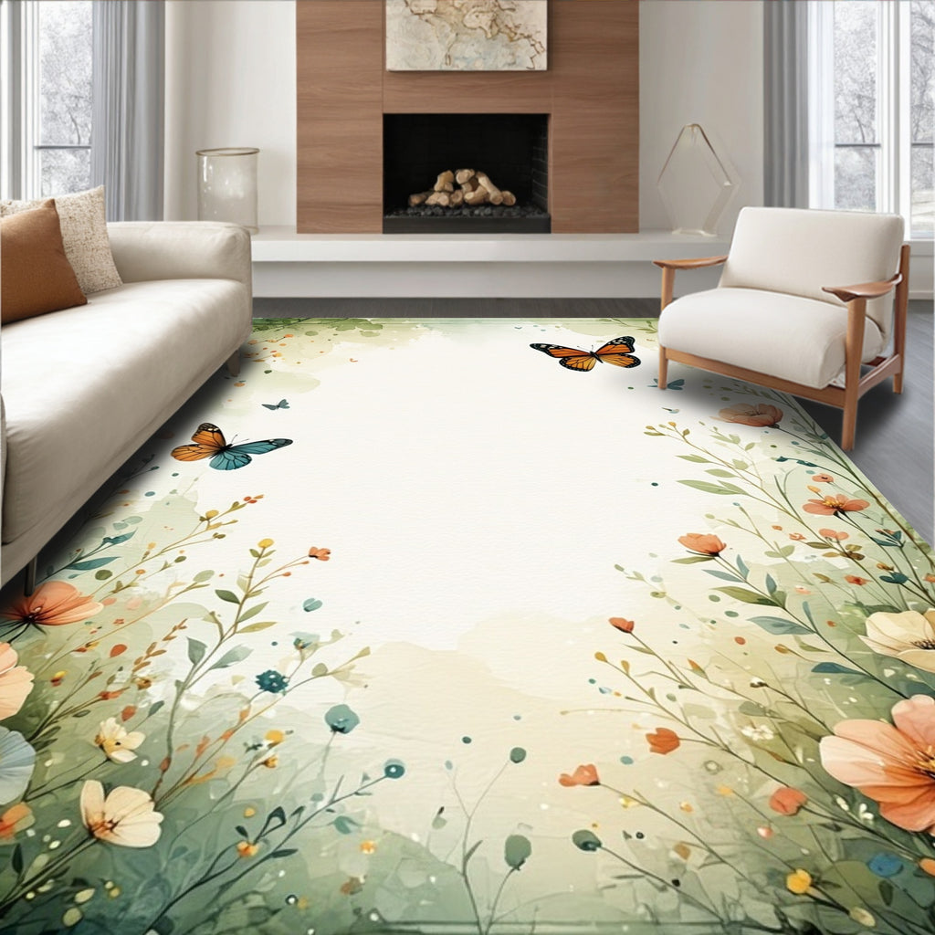 Whimsical Floral Butterflies Watercolor Rug