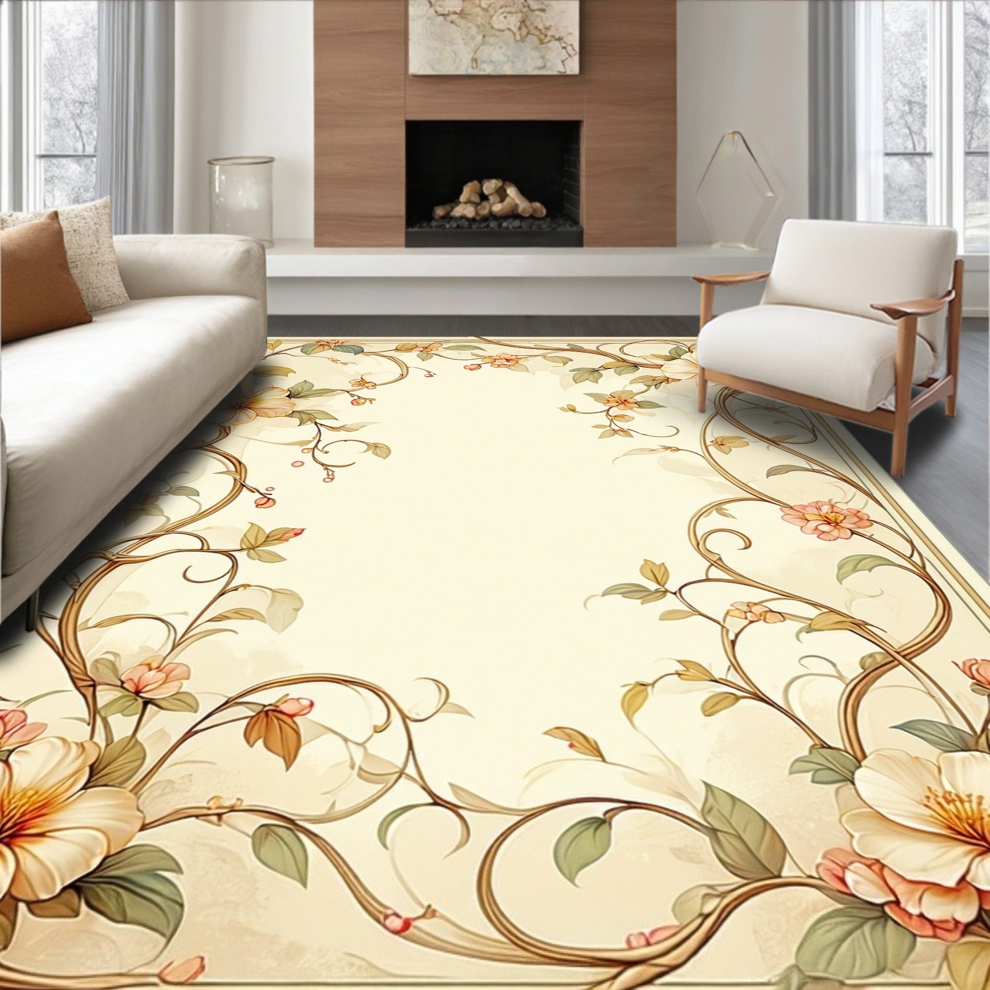 Cream Botanical Vine Floral Rug