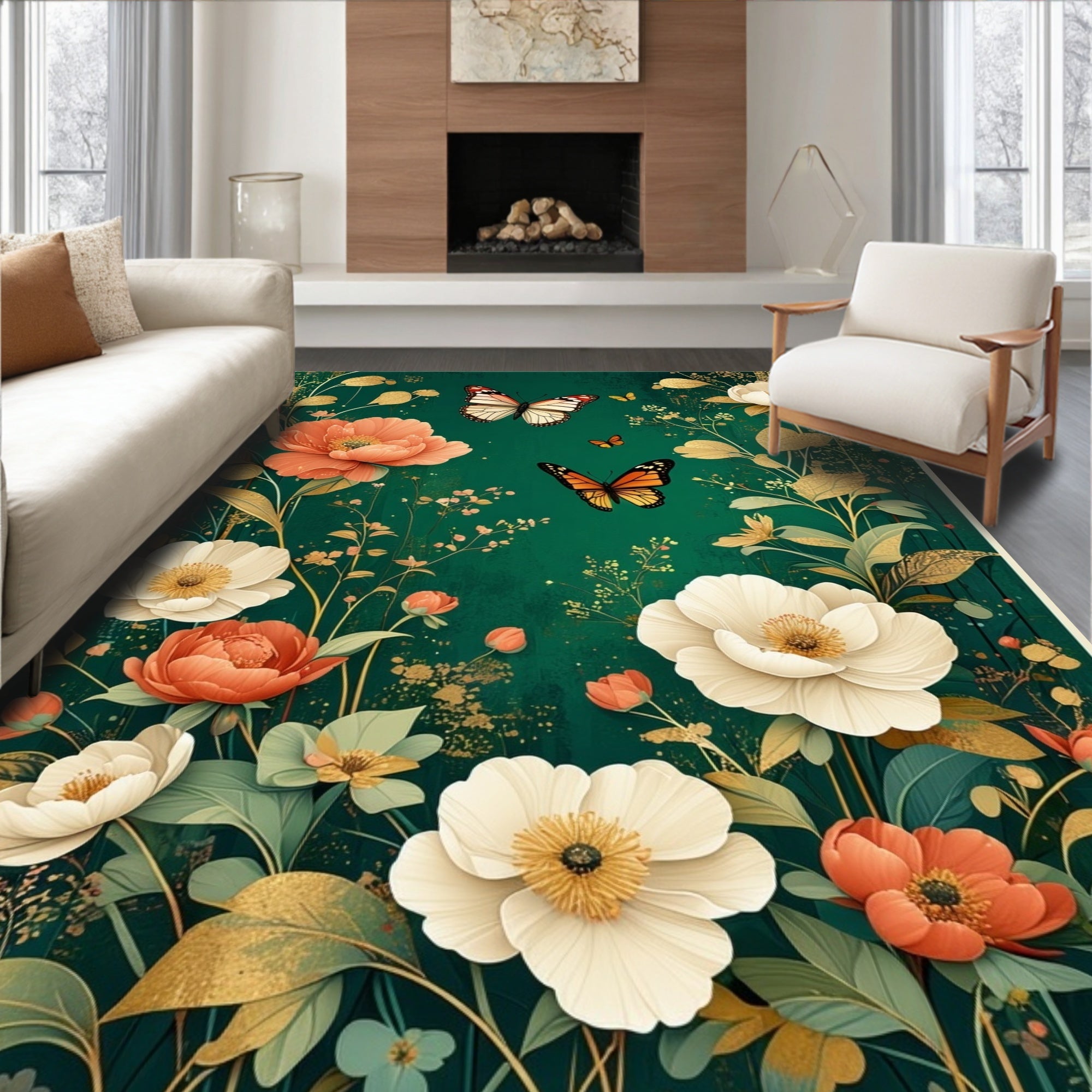 Emerald Garden Floral Butterfly Design Rug