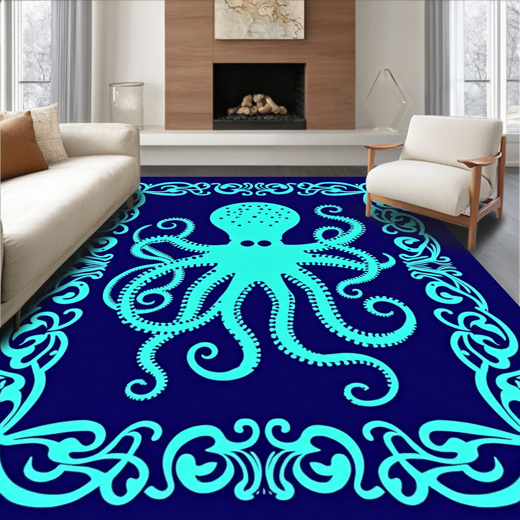 Aqua Octopus With Ornate Border Rug