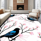 Black Bird Pink Blossom Pattern Rug