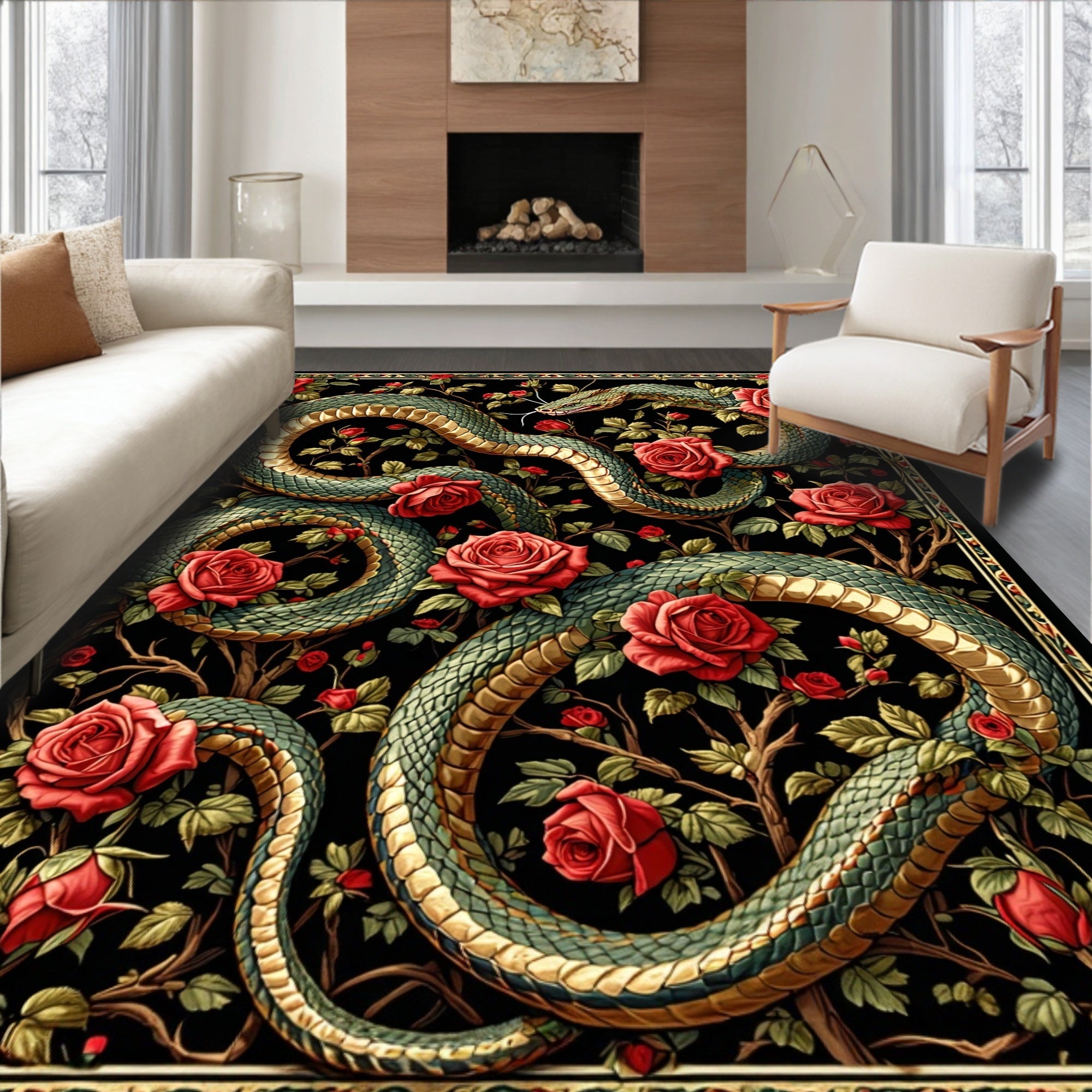 Ornate Emerald Snake Red Rose Garden Design Rug