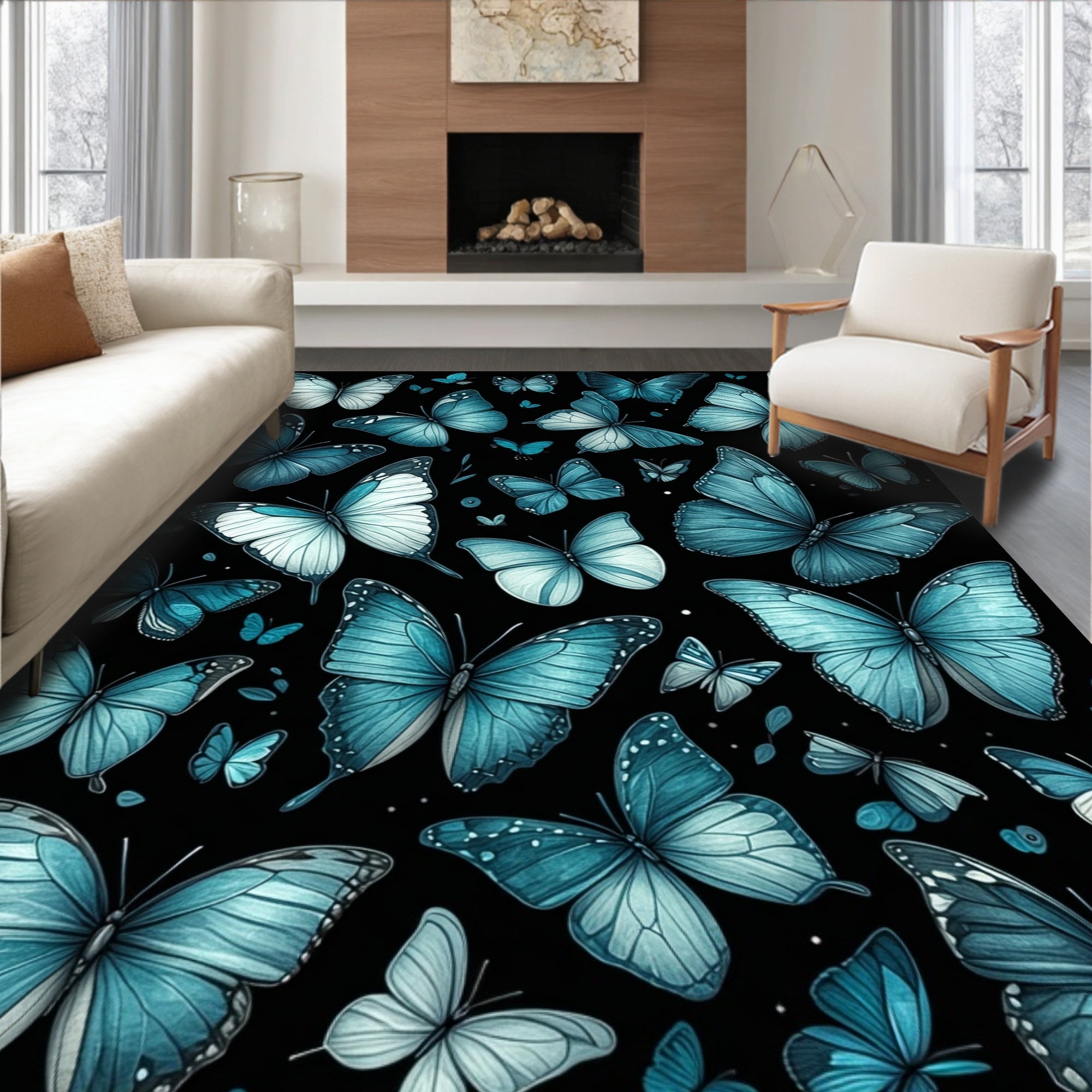 Azure Butterfly Patterned All Over Rug