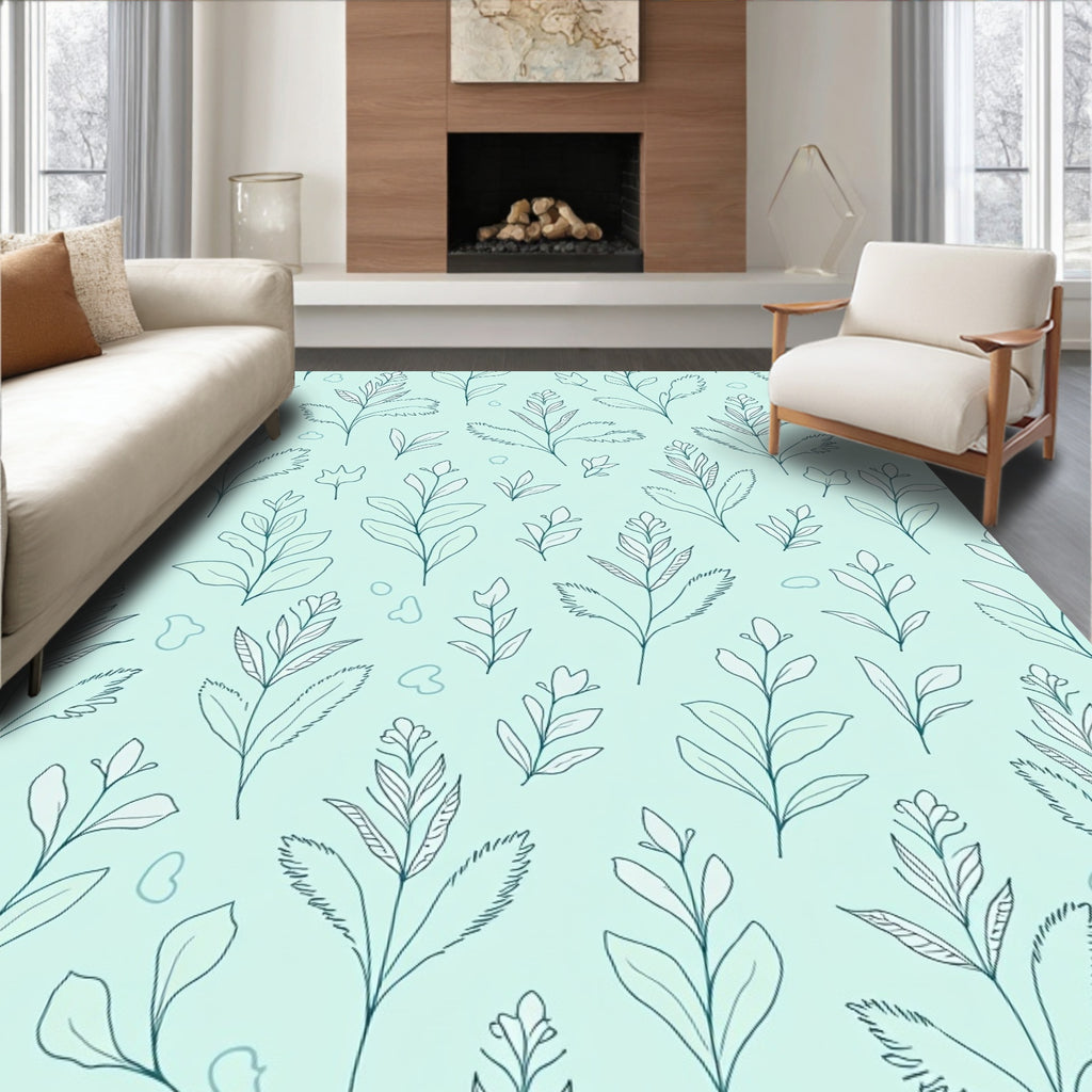 Pale Green Botanical Line Art Rug