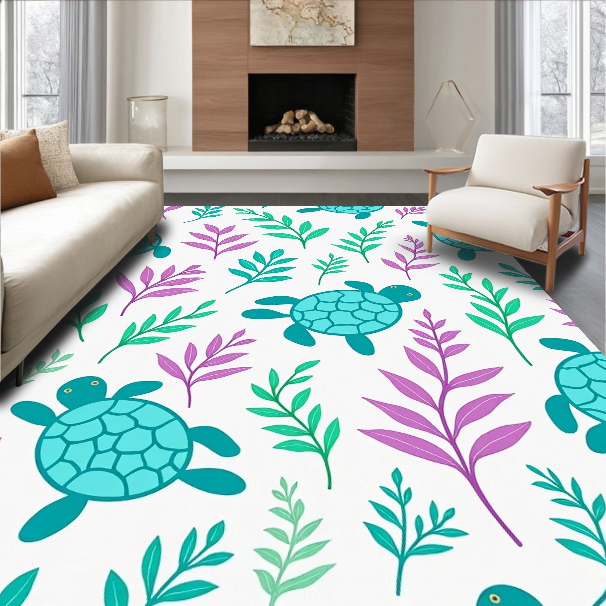 Ocean Turtle Floral Pattern Rug
