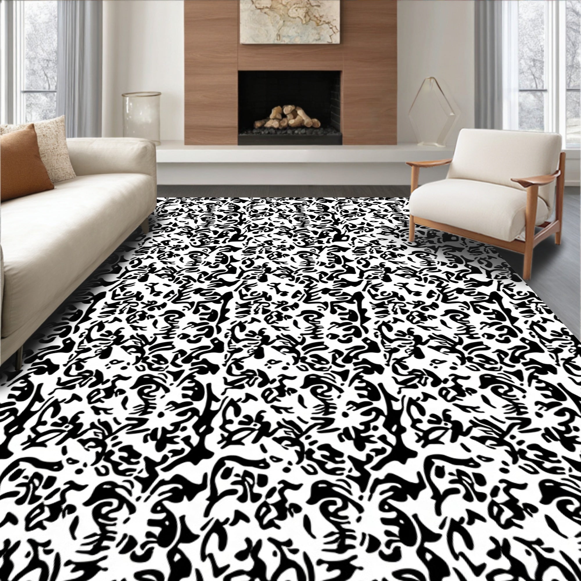 Abstract Organic Black White Pattern Rug