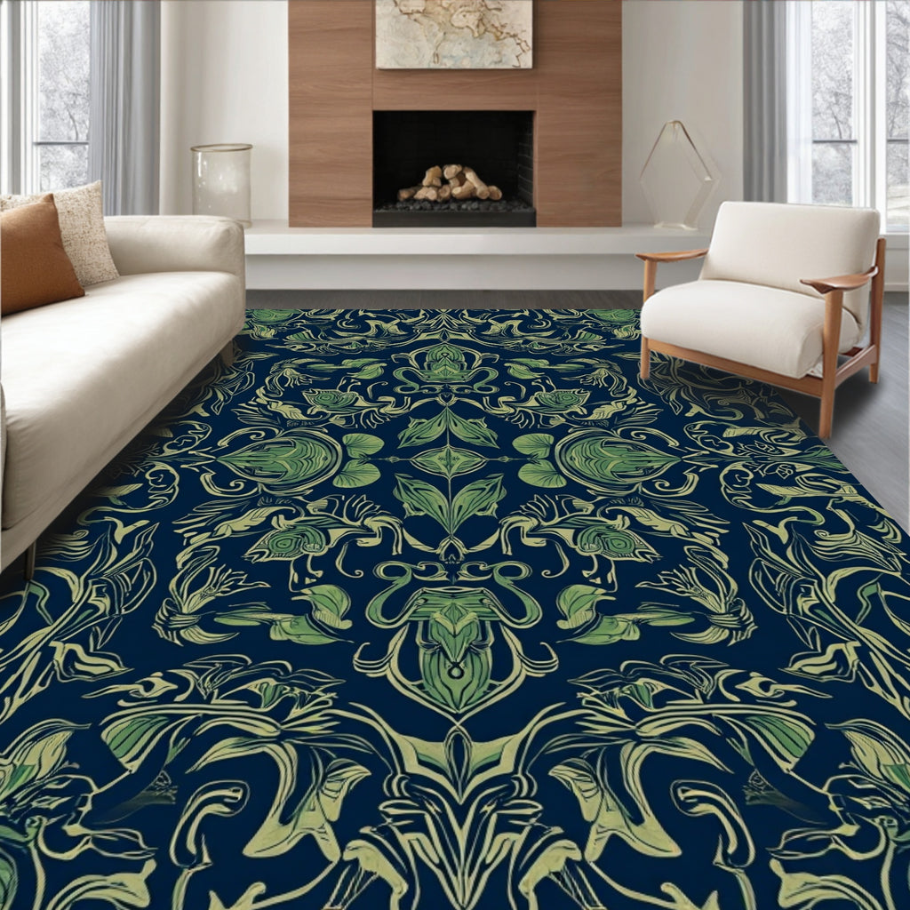 Dark Navy Green Floral Swirl Rug
