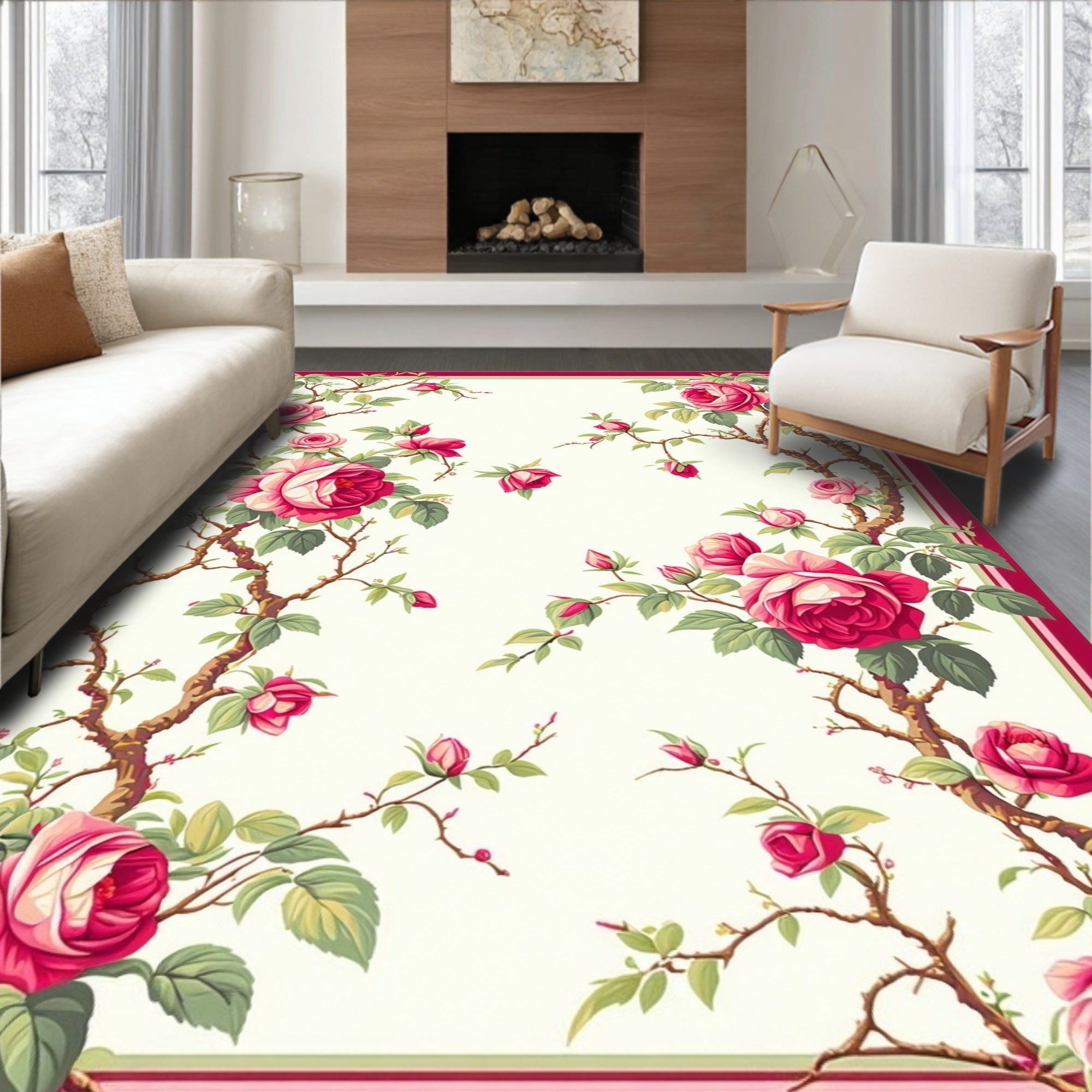 Classic Pink Rose Vine Pattern Rug
