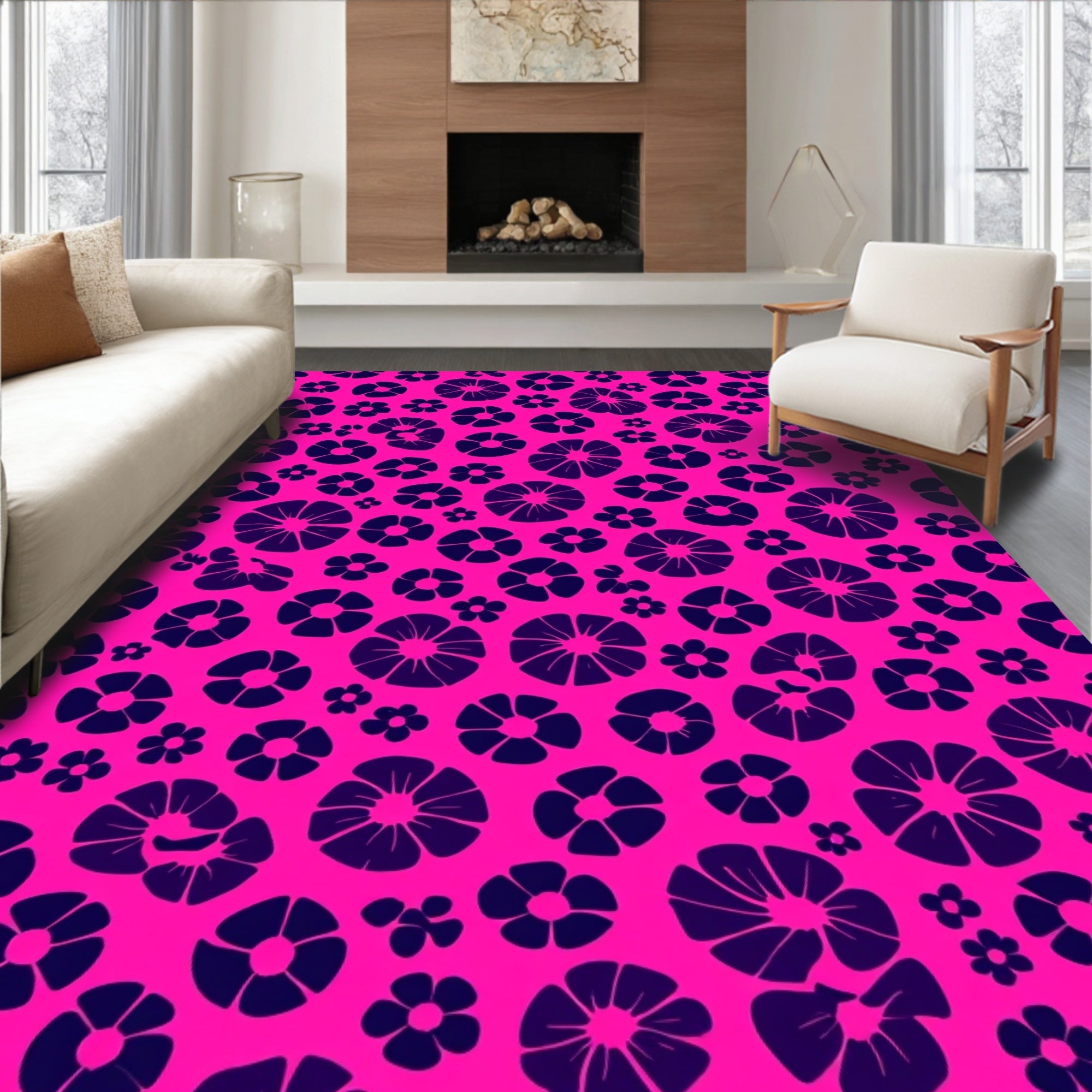 Bold Pink And Violet Floral Pattern Rug