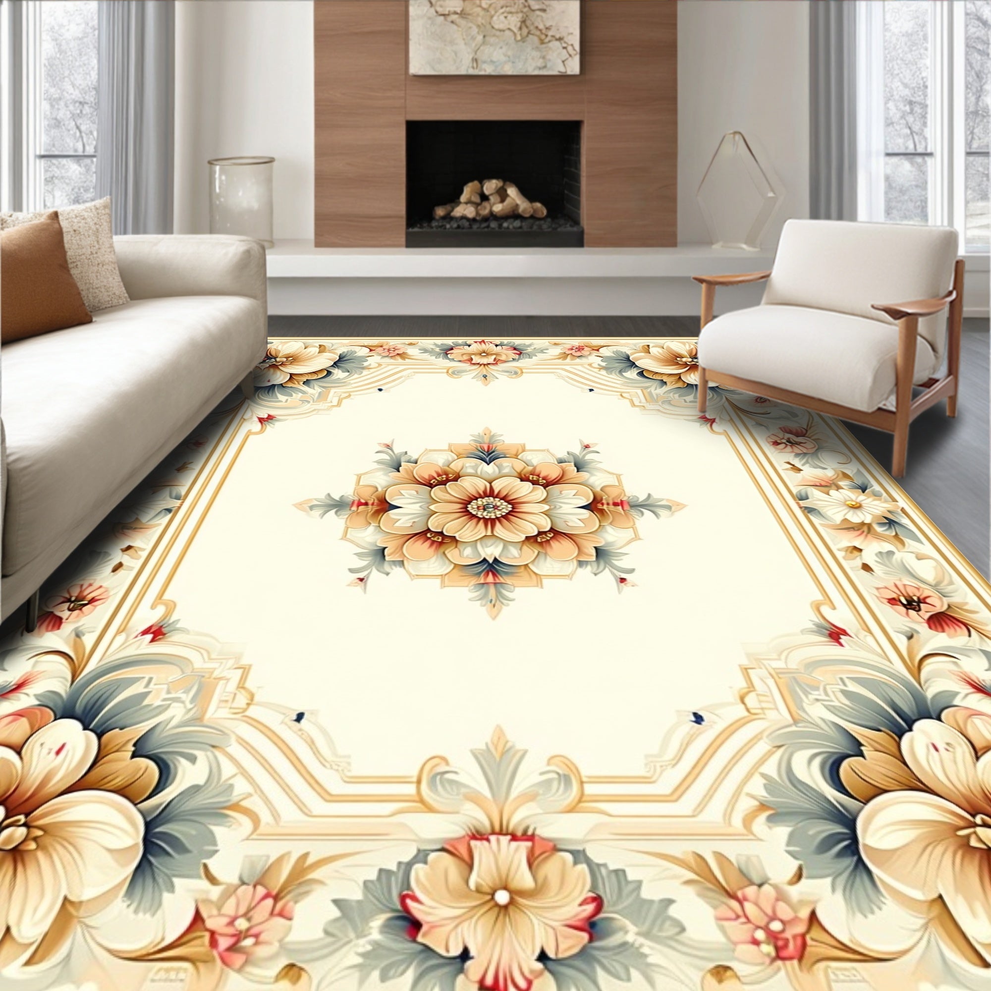 Elegant Floral Cream Border Design Rug