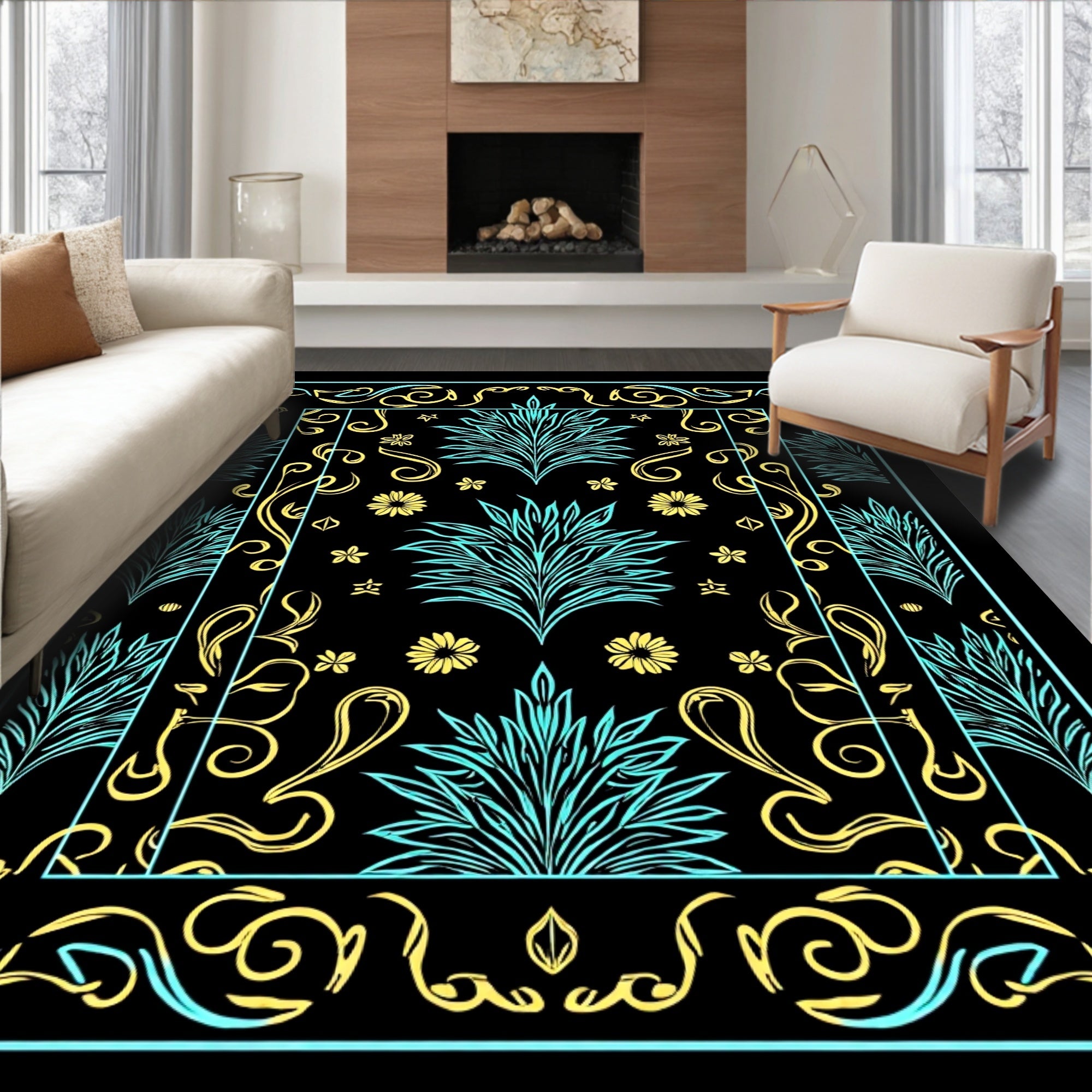 Bold Floral Swirls Turquoise Gold Design Rug