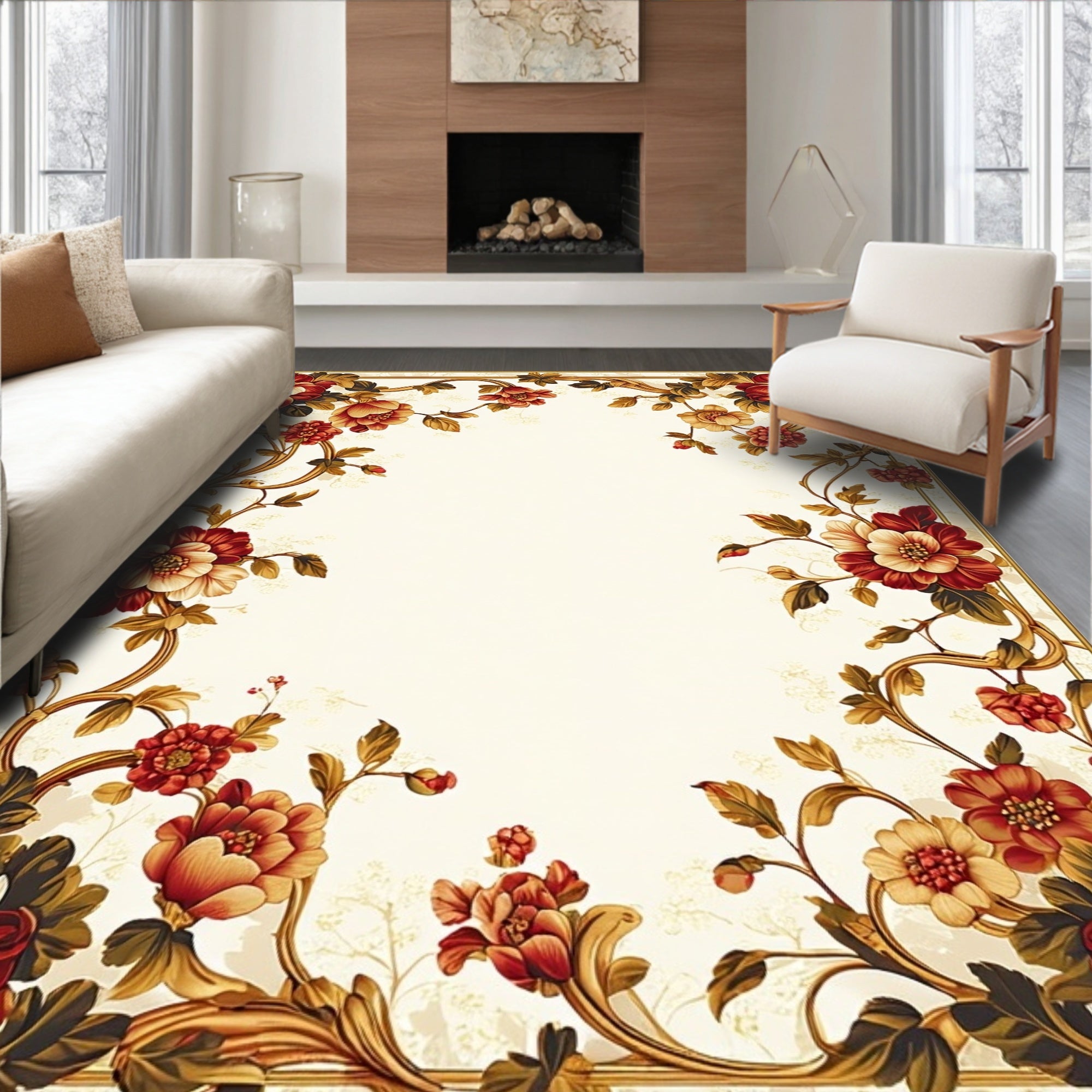 Ornate Floral Swirls Border Design Rug