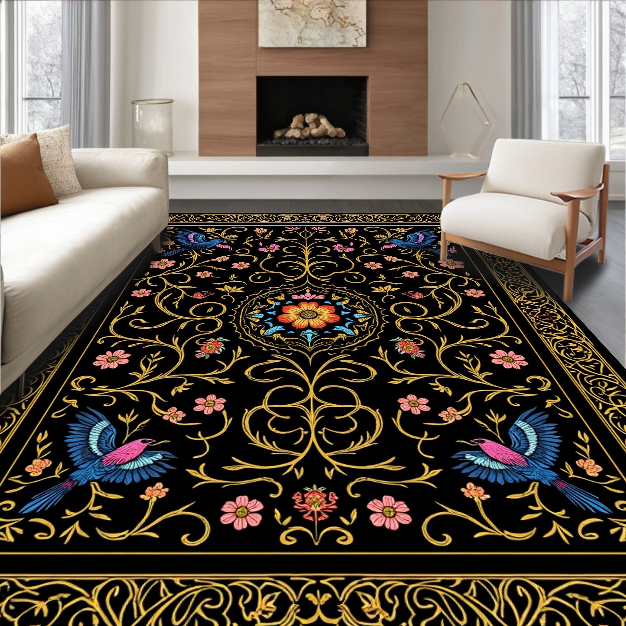 Ornate Floral Bird Exotic Design Rug