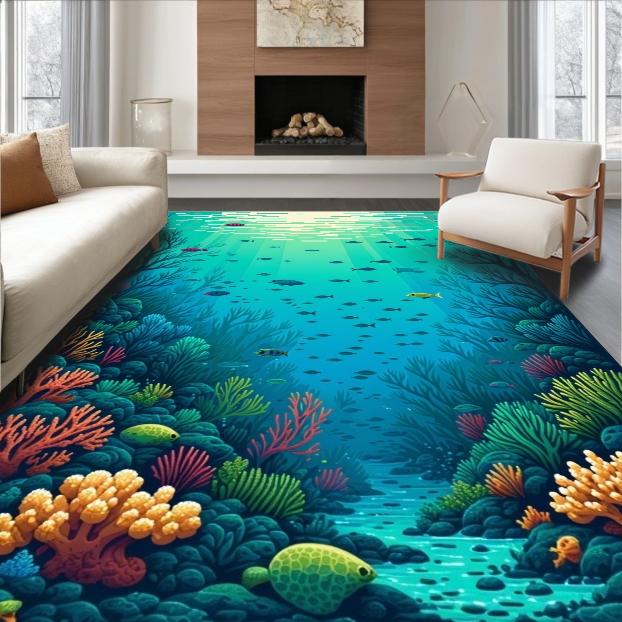 Underwater Coral Reef Life Pattern Rug
