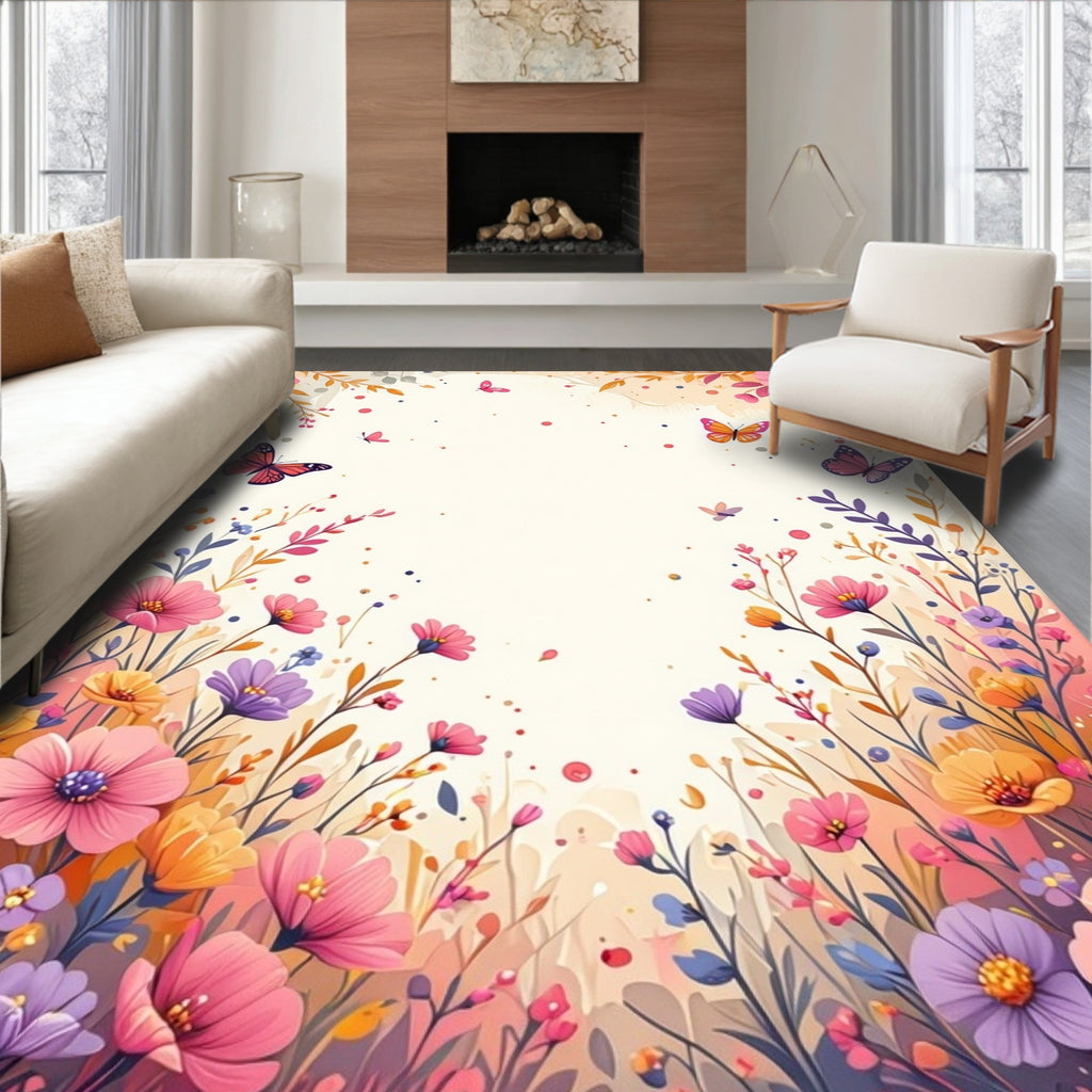 Whimsical Floral Butterfly Meadow Rug
