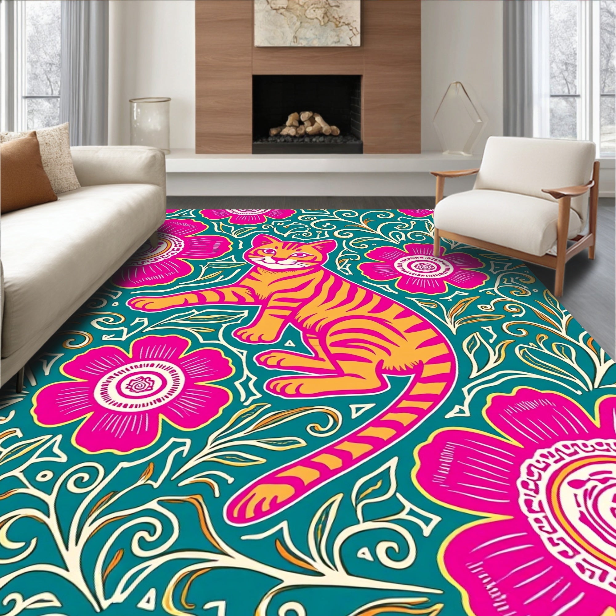 Vibrant Cat Floral Whimsical Pattern Design Rug