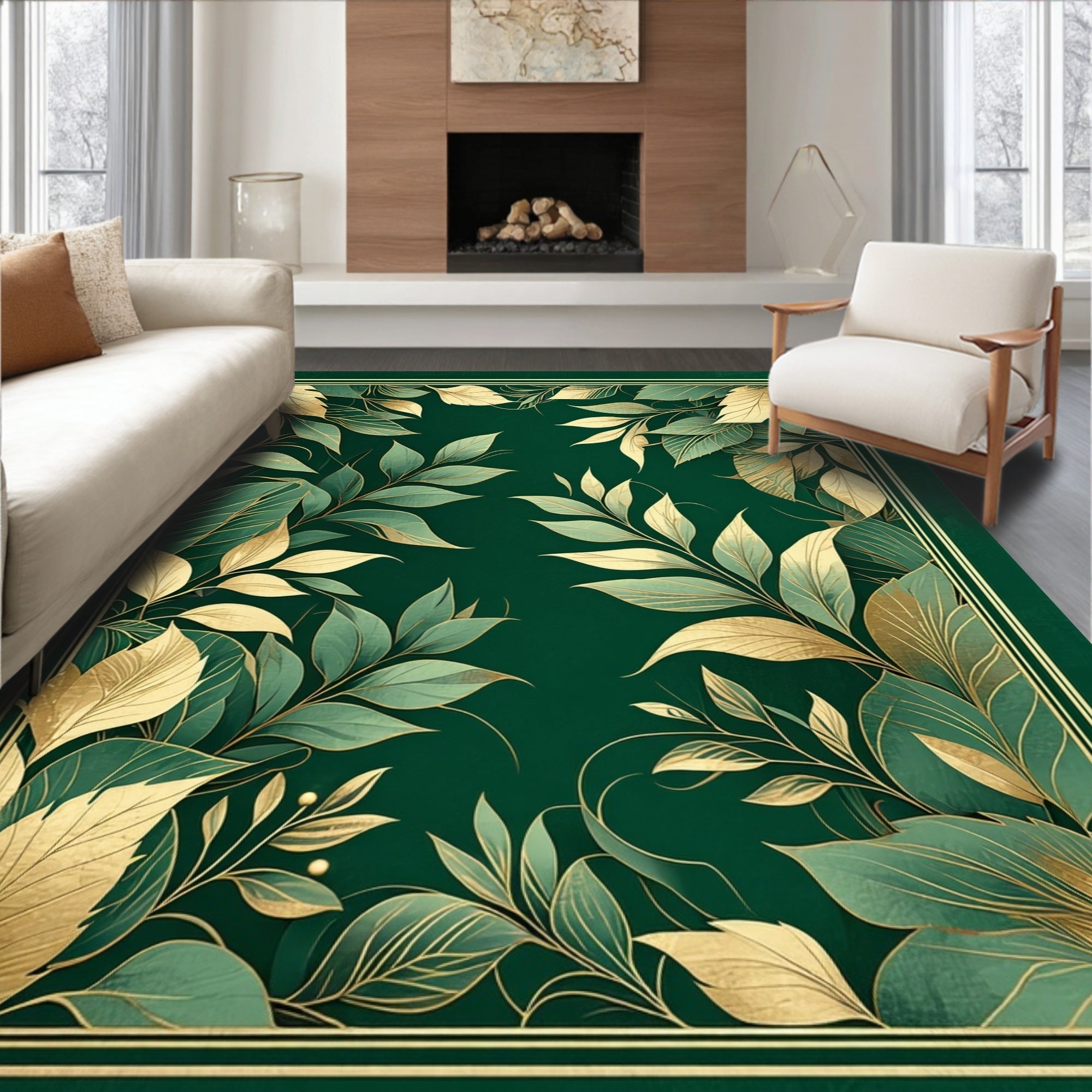 Elegant Green Gold Leaf Design Rug