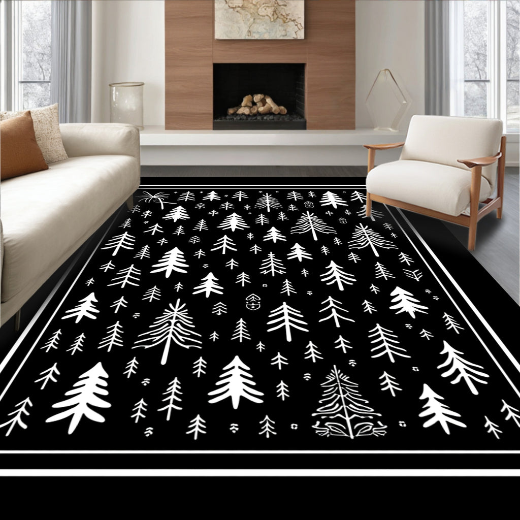 Rustic Black White Forest Trees Rug
