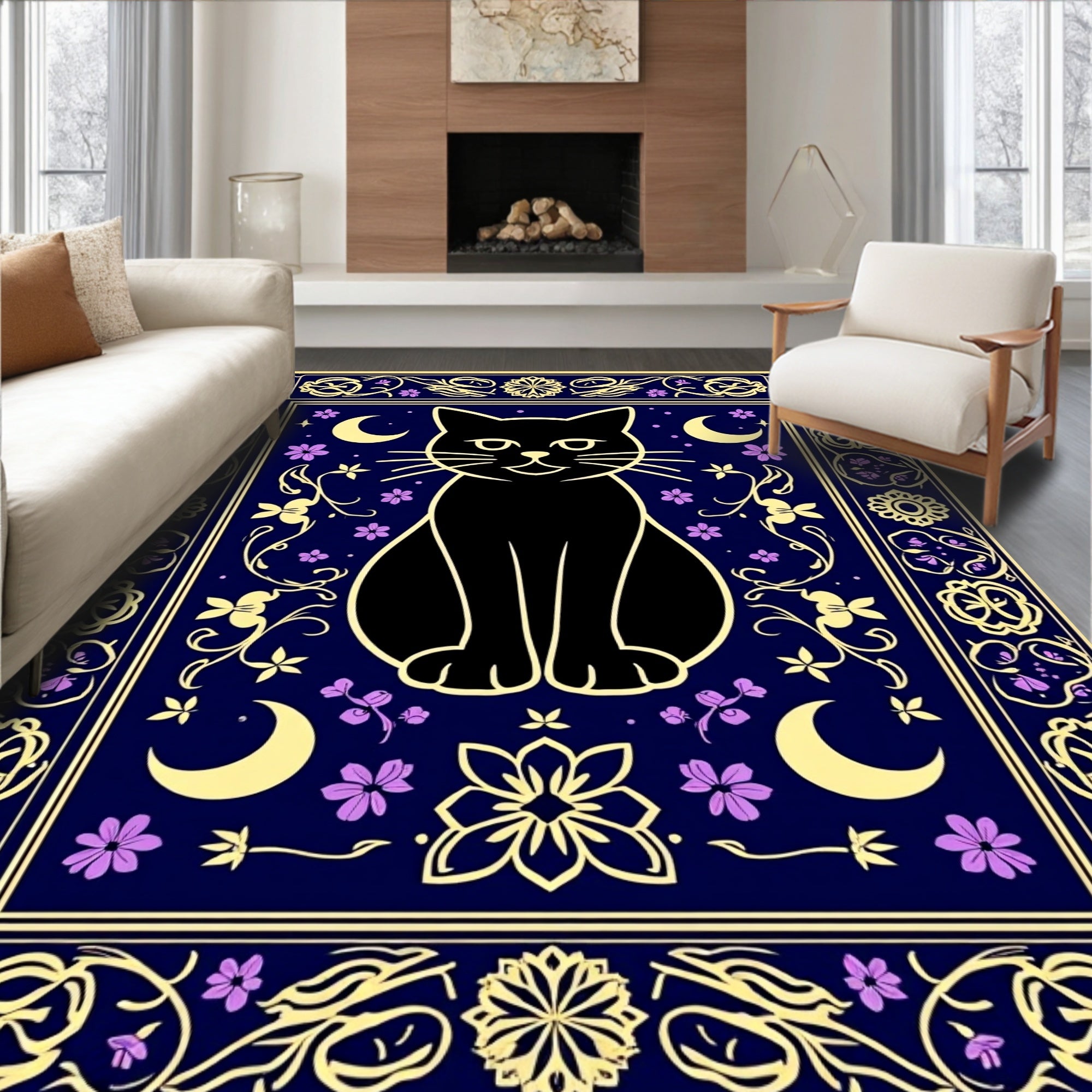 Whimsical Black Cat Moon Floral Design Rug