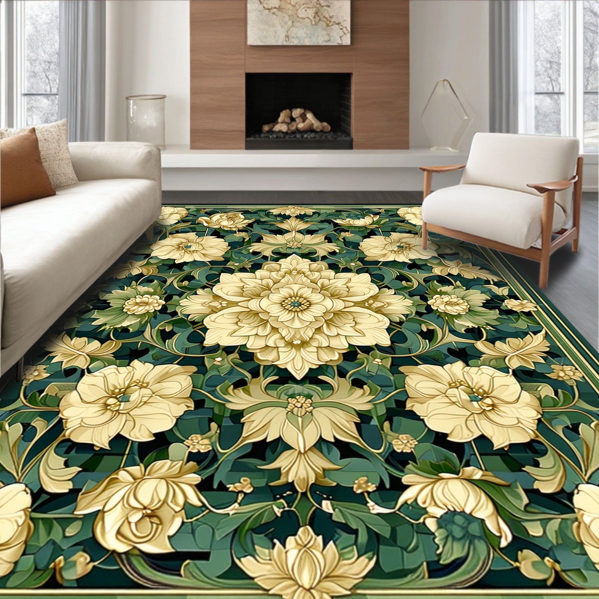 Intricate Floral Patterned Green Gold Rug