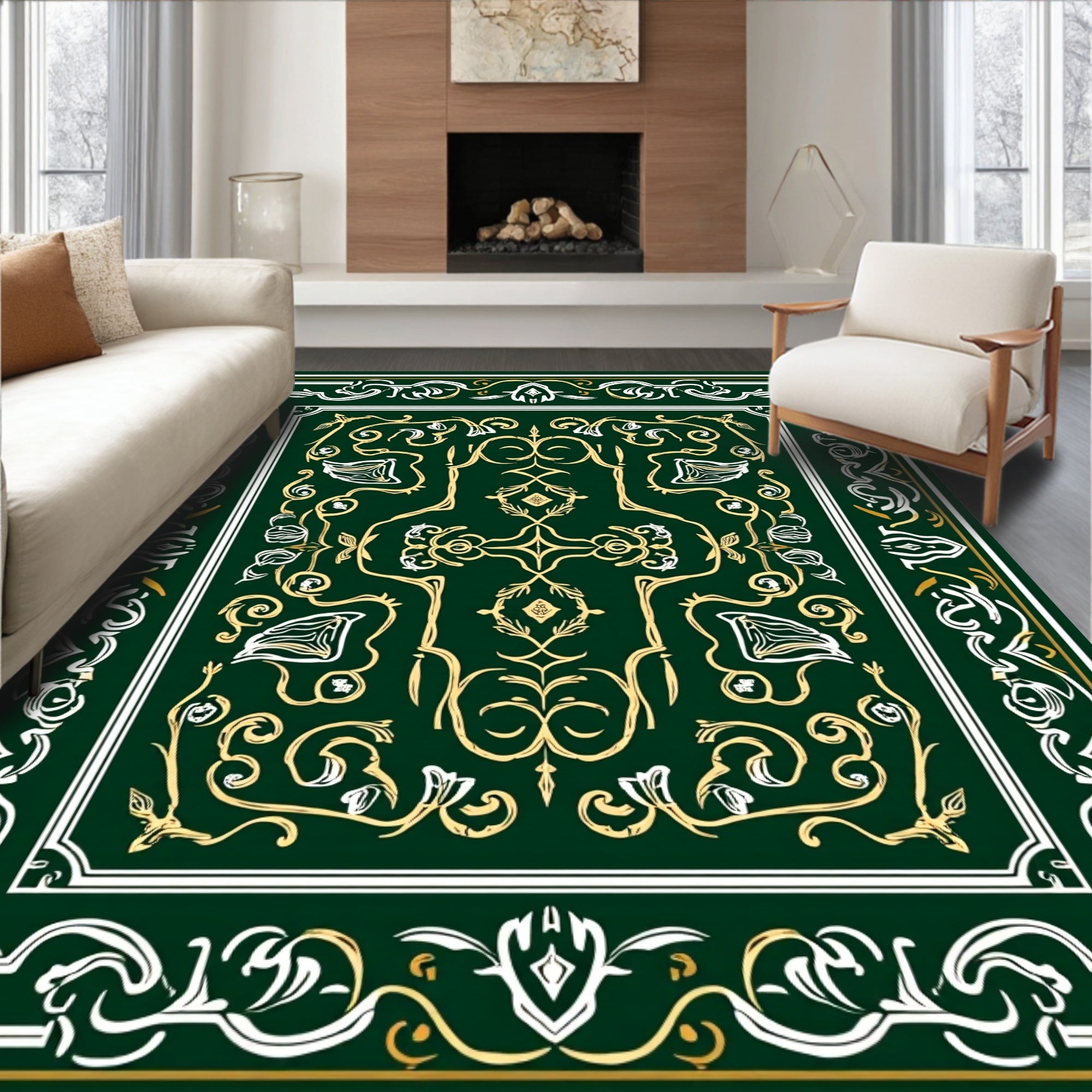 Elegant Floral Scroll Dark Green Design Rug