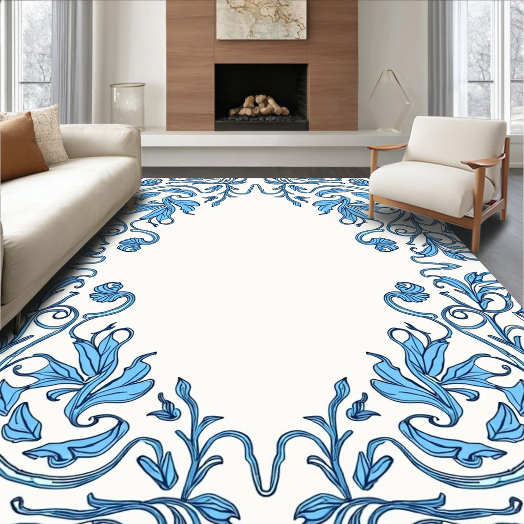 Blue Floral Acanthus Scroll Border Rug