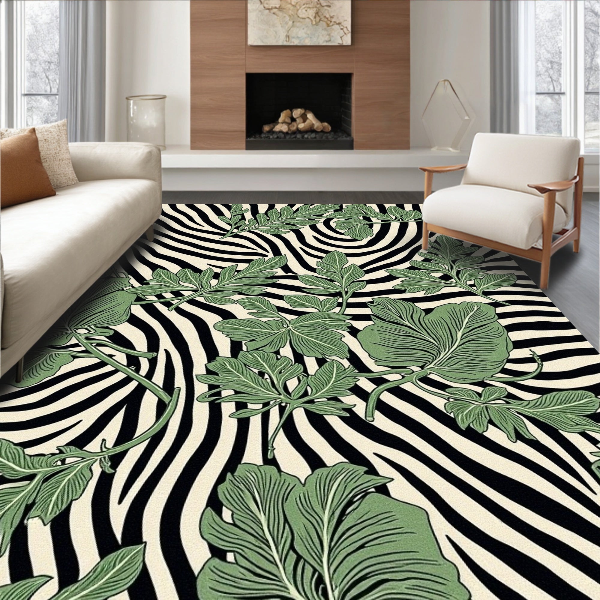 Green Foliage Zebra Print Design Rug