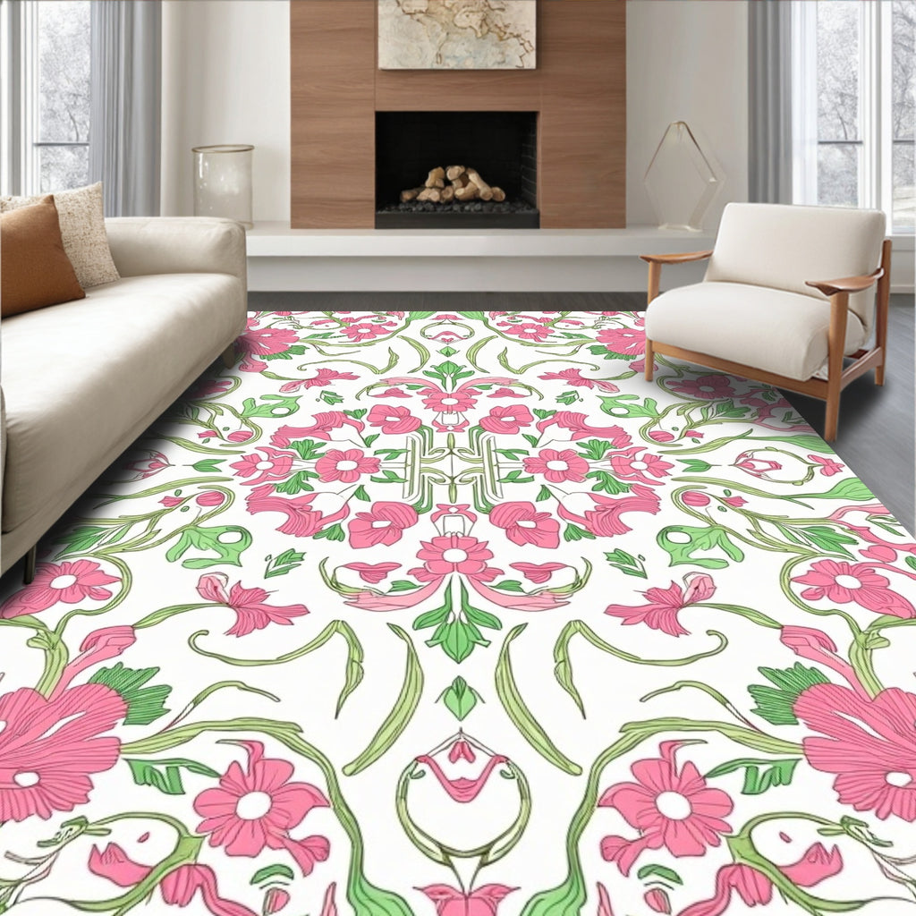 Pink Green Floral Symmetry Pattern Rug