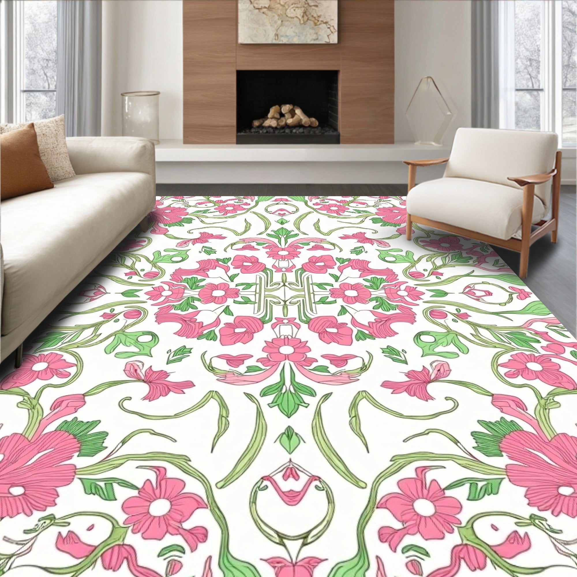 Pink Green Floral Symmetry Pattern Rug