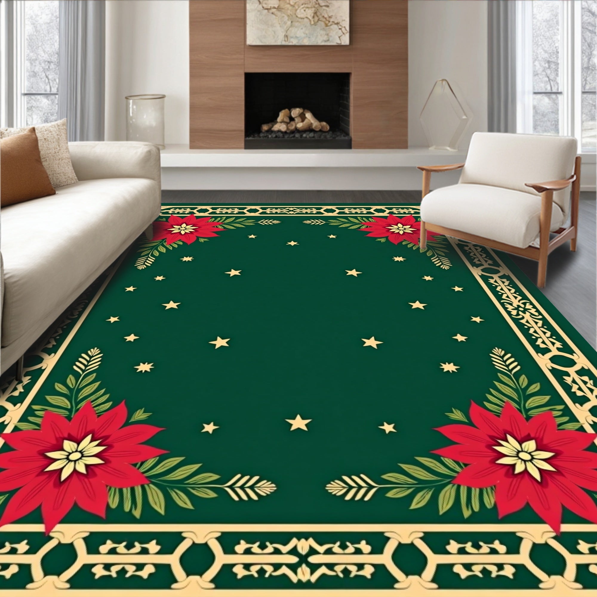 Festive Red Poinsettia Green Starry Rug