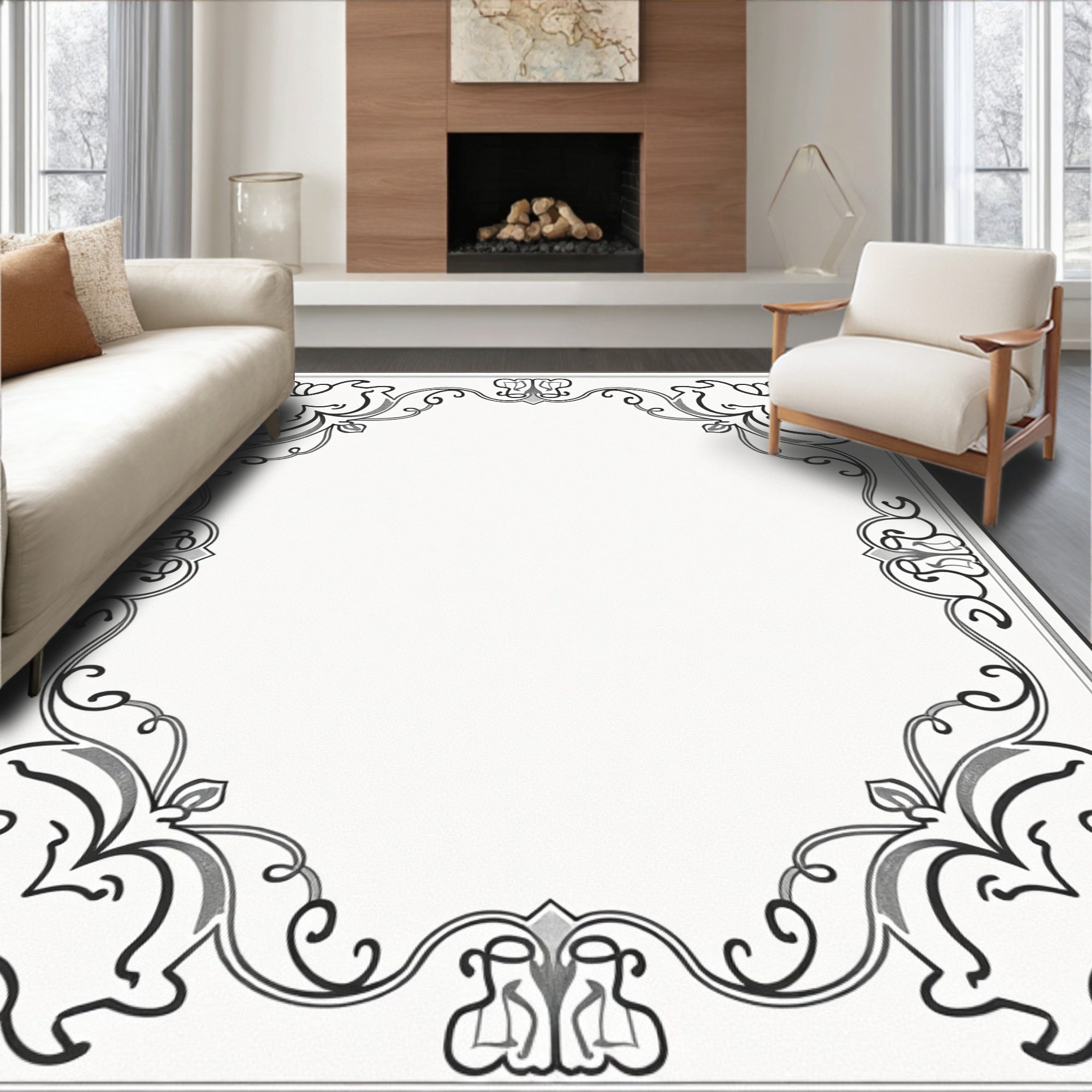 Ornate Scrollwork Black and White Frame Rug